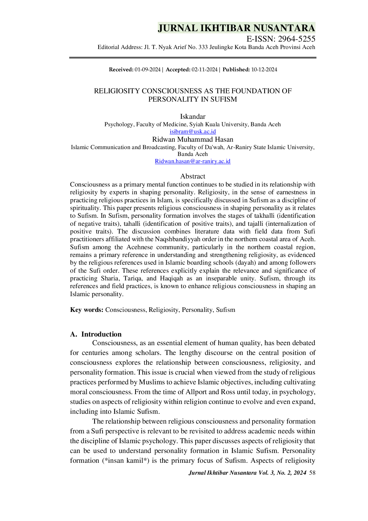 JURIS Religiosity Consciousness As The Foundation Of Personality In Sufism