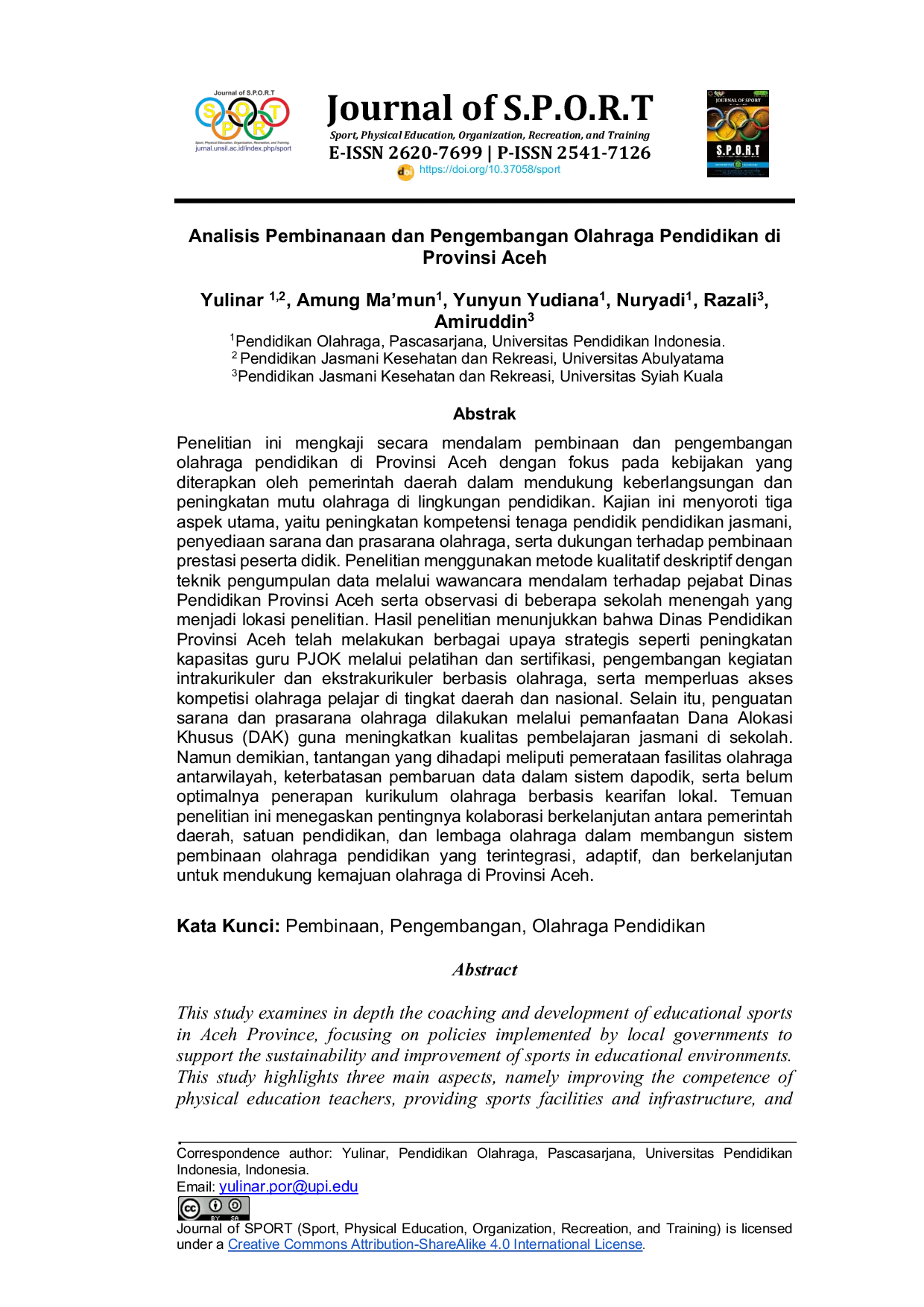 JURIS Analisis Pembinanaan dan Pengembangan Olahraga Pendidikan di Provinsi Aceh