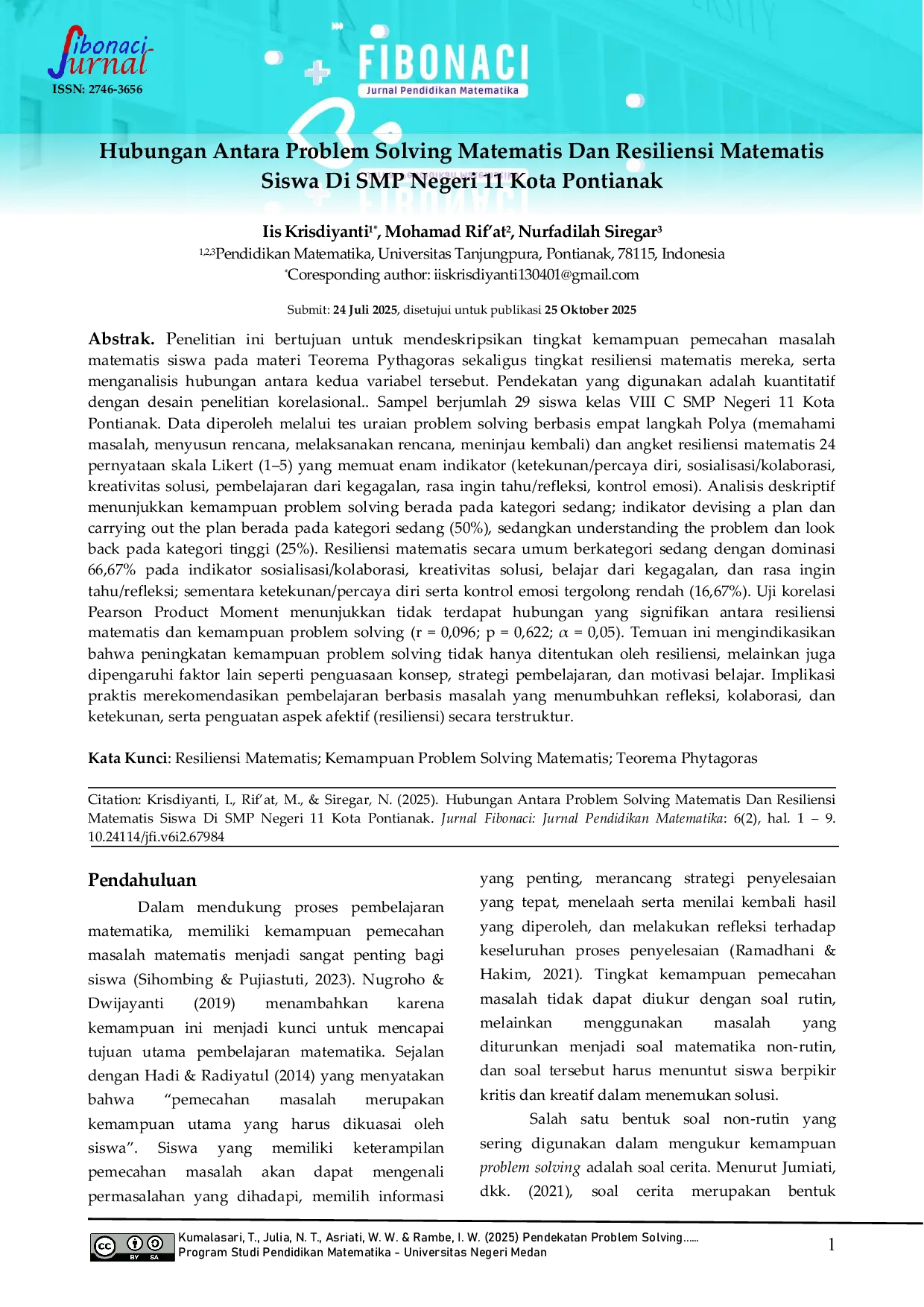 JURIS Hubungan Antara Problem Solving Matematis Dan Resiliensi Matematis Siswa Di SMP Negeri 11 Kota Pontianak