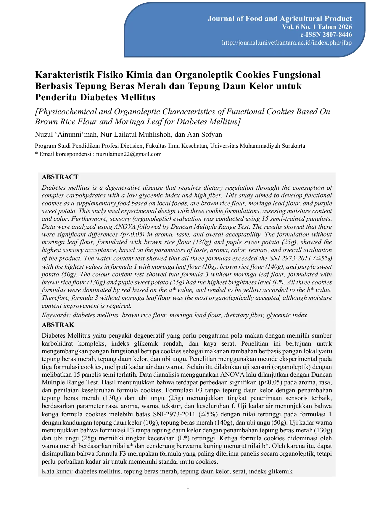JURIS Physicochemical and Organoleptic Characteristics of Functional Cookies Based On Brown Rice Flour and Moringa Leaf for Diabetes Mellitus