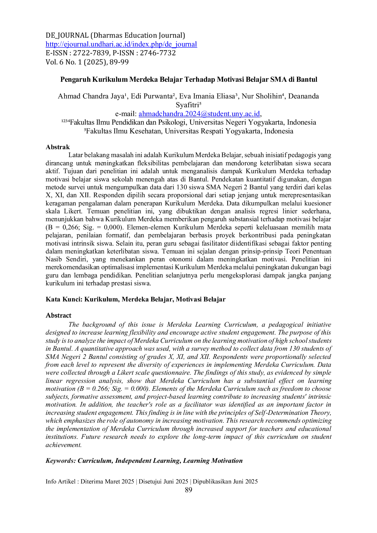 JURIS Pengaruh Kurikulum Merdeka Belajar Terhadap Motivasi Belajar SMA di Bantul
