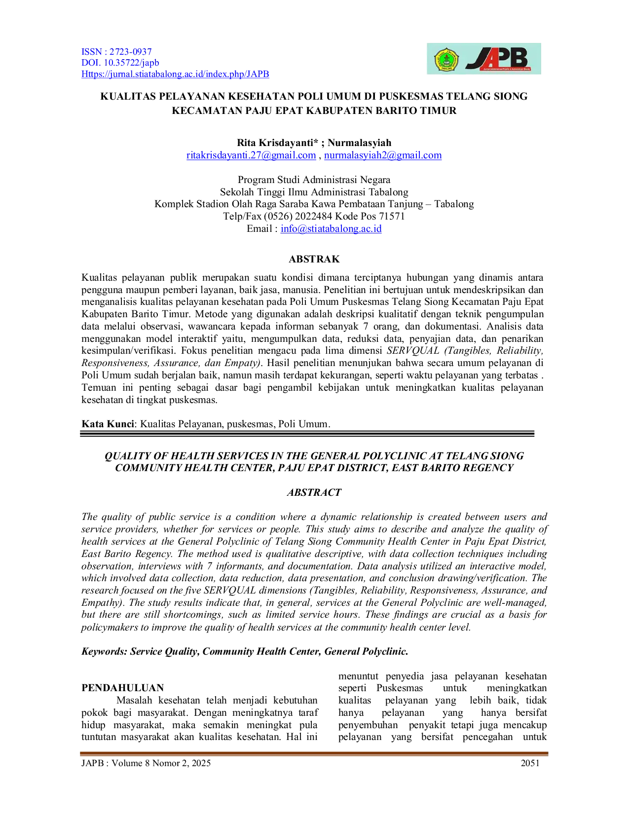 JURIS Kualitas Pelayanan Kesehatan Poli Umum Di Puskesmas Telang Siong Kecamatan Paju Epat Kabupaten Barito Timur