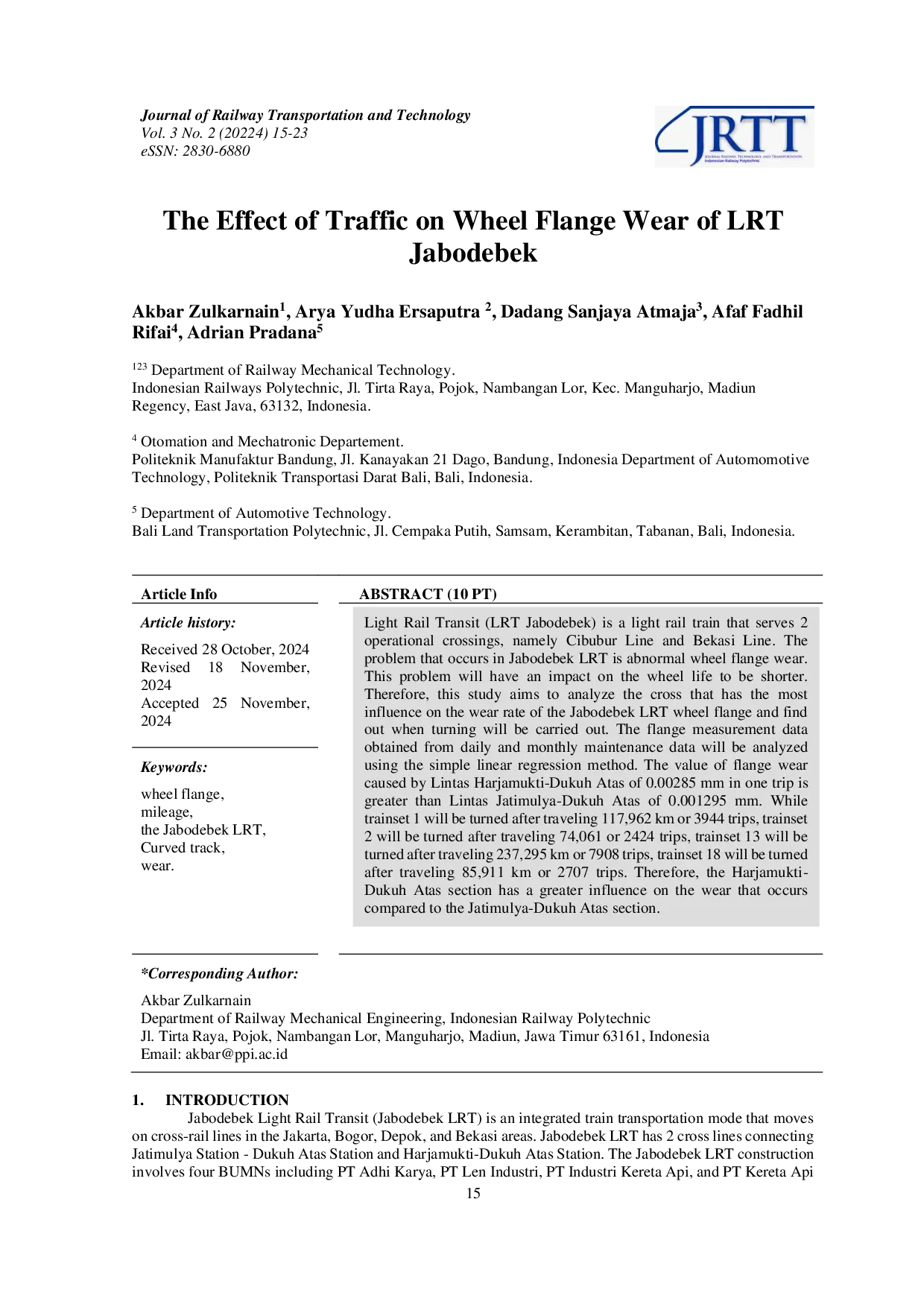 JURIS The Effect of Traffic on Wheel Flange Wear of LRT Jabodebek