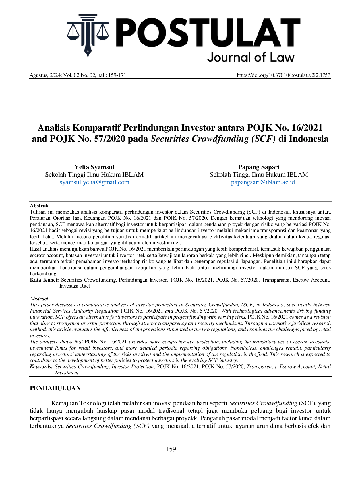 JURIS Comparative Analysis of Investor Protection between POJK No 16 2021 and POJK No 57 2020on Securities Crowdfunding SCF in Indonesia