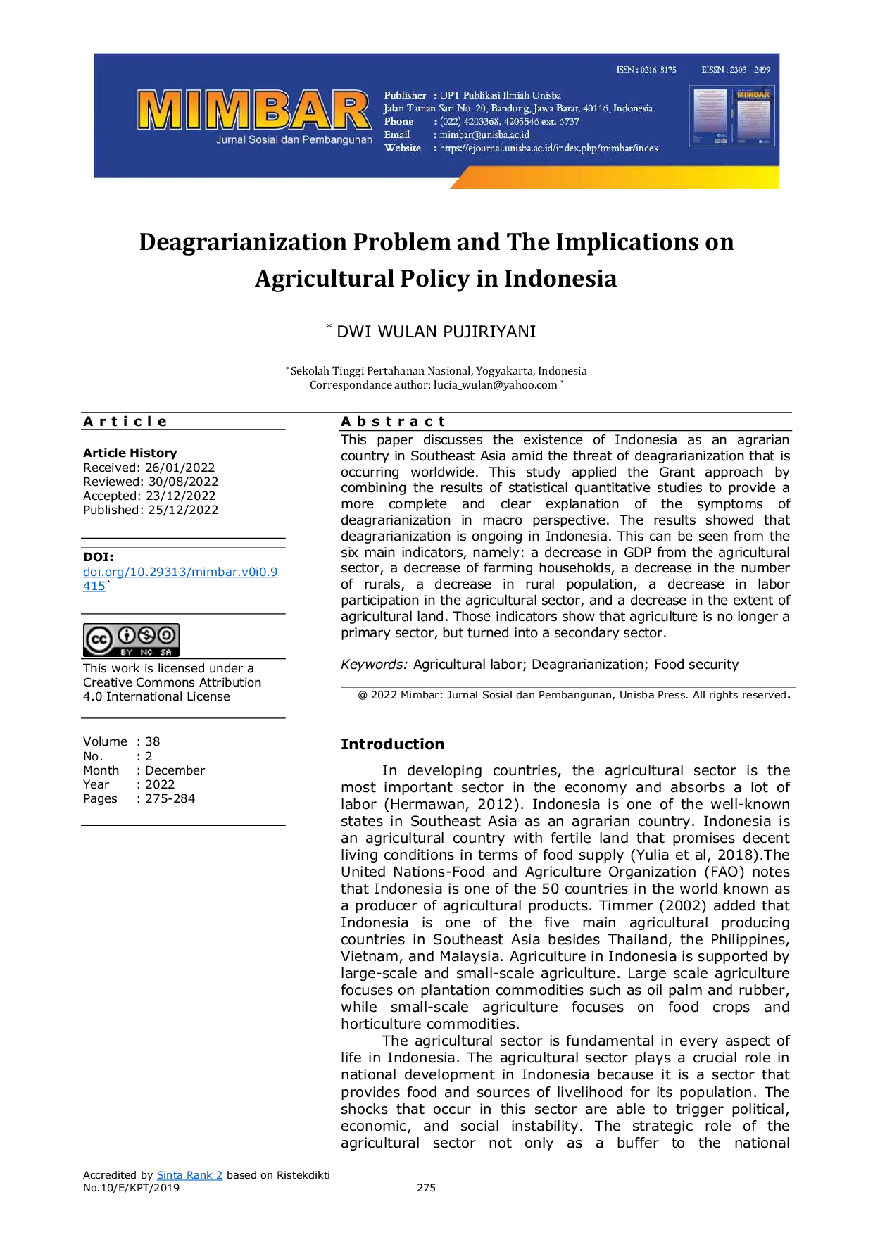 JURIS Deagrarianization Problem and The Implications on Agricultural Policy in Indonesia