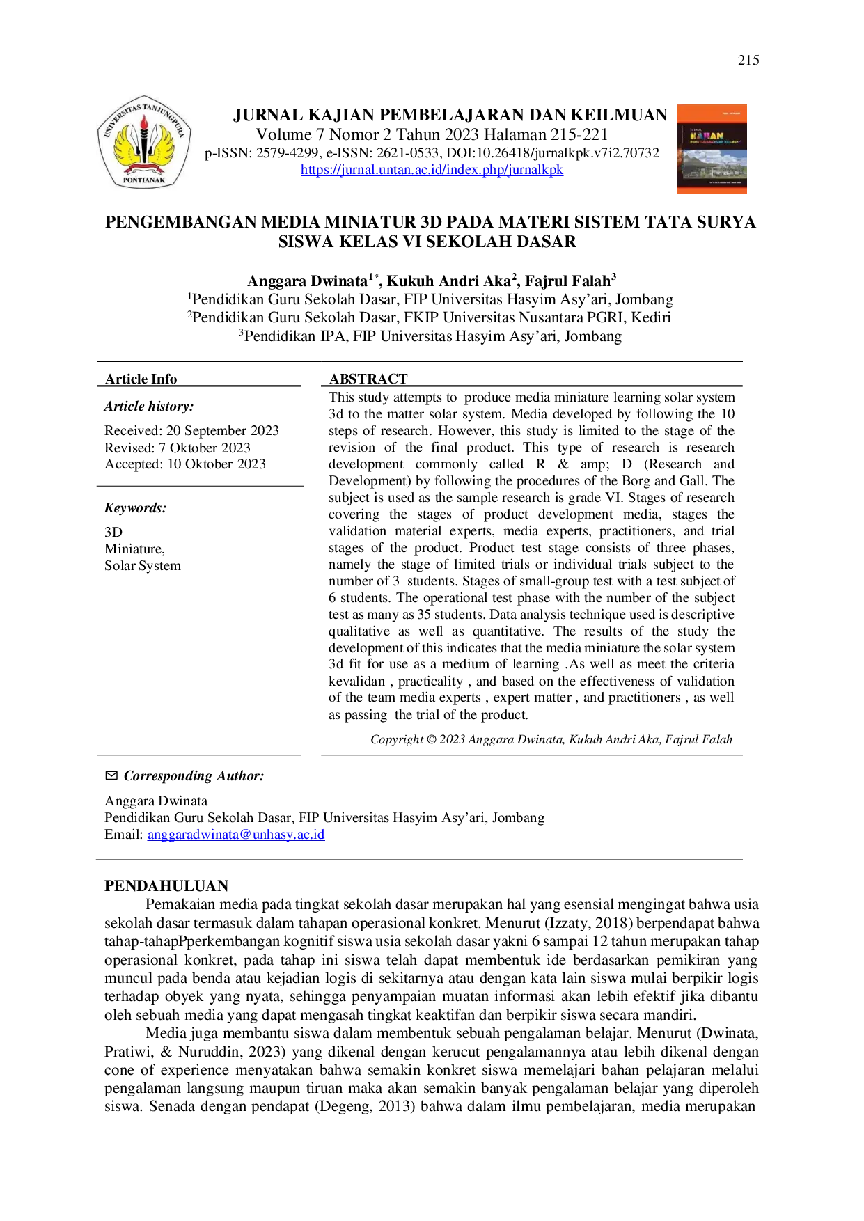 JURIS Pengembangan Media Miniatur 3D Pada Materi Sistem Tata Surya Siswa Kelas VI Sekolah Dasar