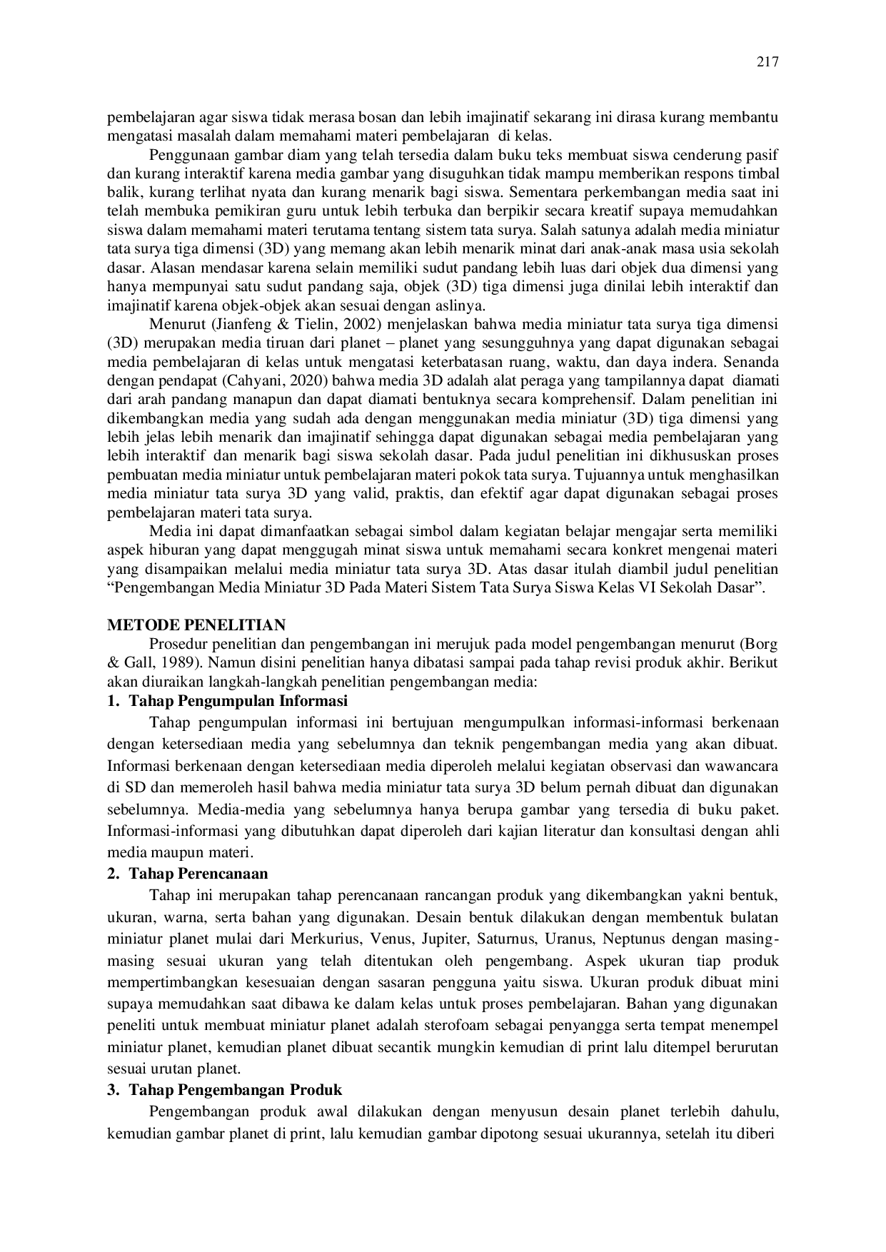 JURIS Pengembangan Media Miniatur 3D Pada Materi Sistem Tata Surya Siswa Kelas VI Sekolah Dasar