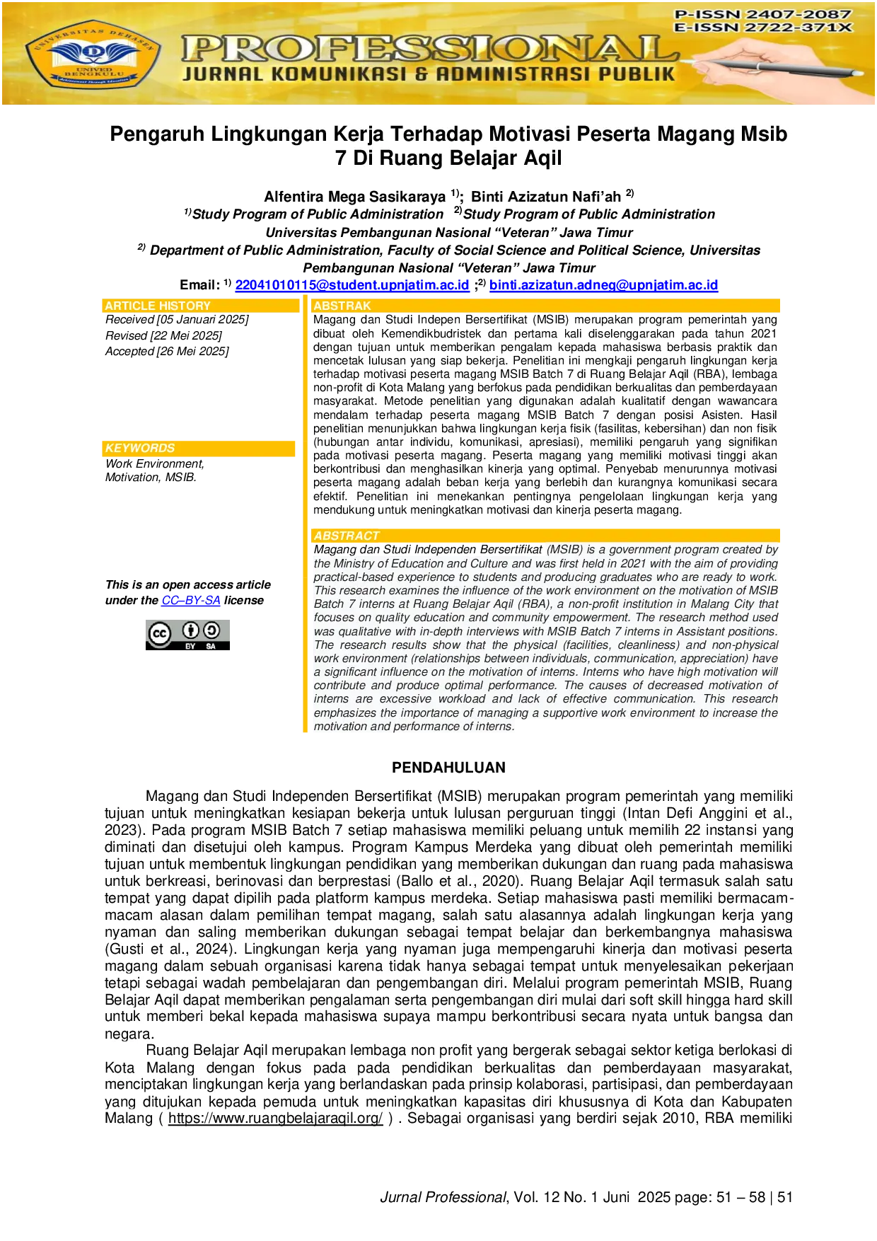 JURIS Pengaruh Lingkungan Kerja Terhadap Motivasi Peserta Magang Msib 7 Di Ruang Belajar Aqil