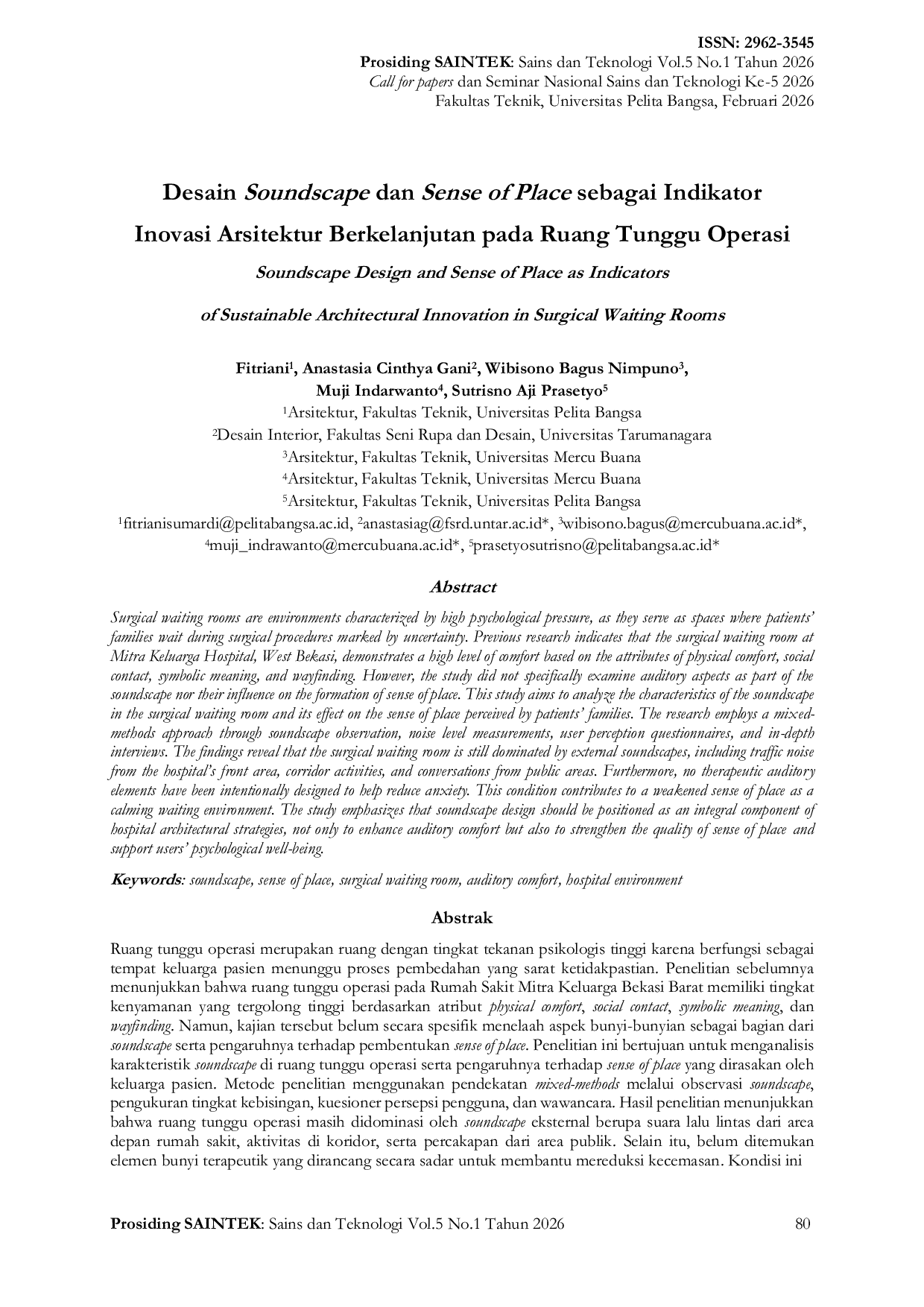 JURIS Desain Soundscape dan Sense of Place sebagai Indikator Inovasi Arsitektur Berkelanjutan pada Ruang Tunggu Operasi