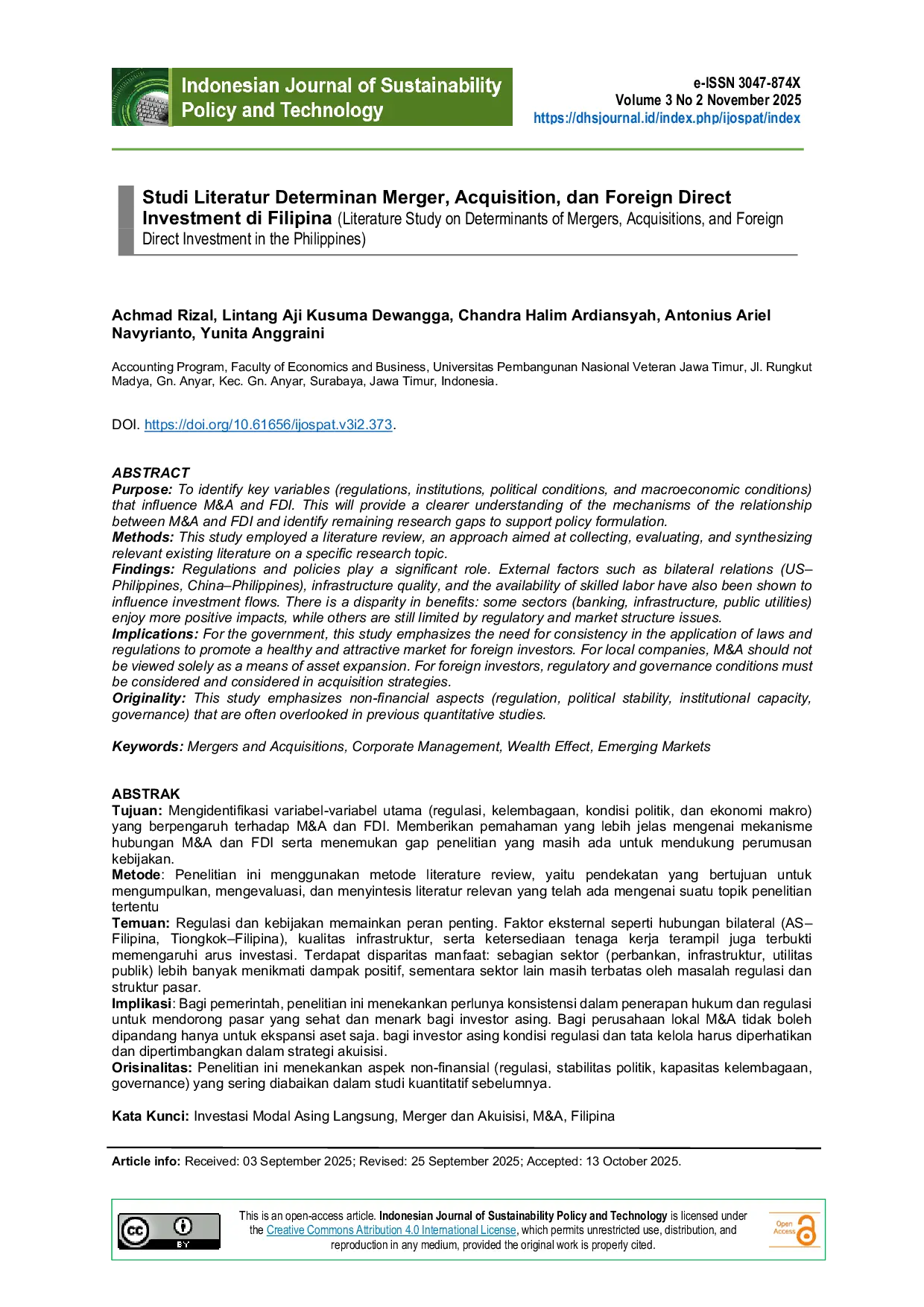 JURIS Studi Literatur Determinan Merger Acquisition Dan Foreign Direct Investment Di Filipina