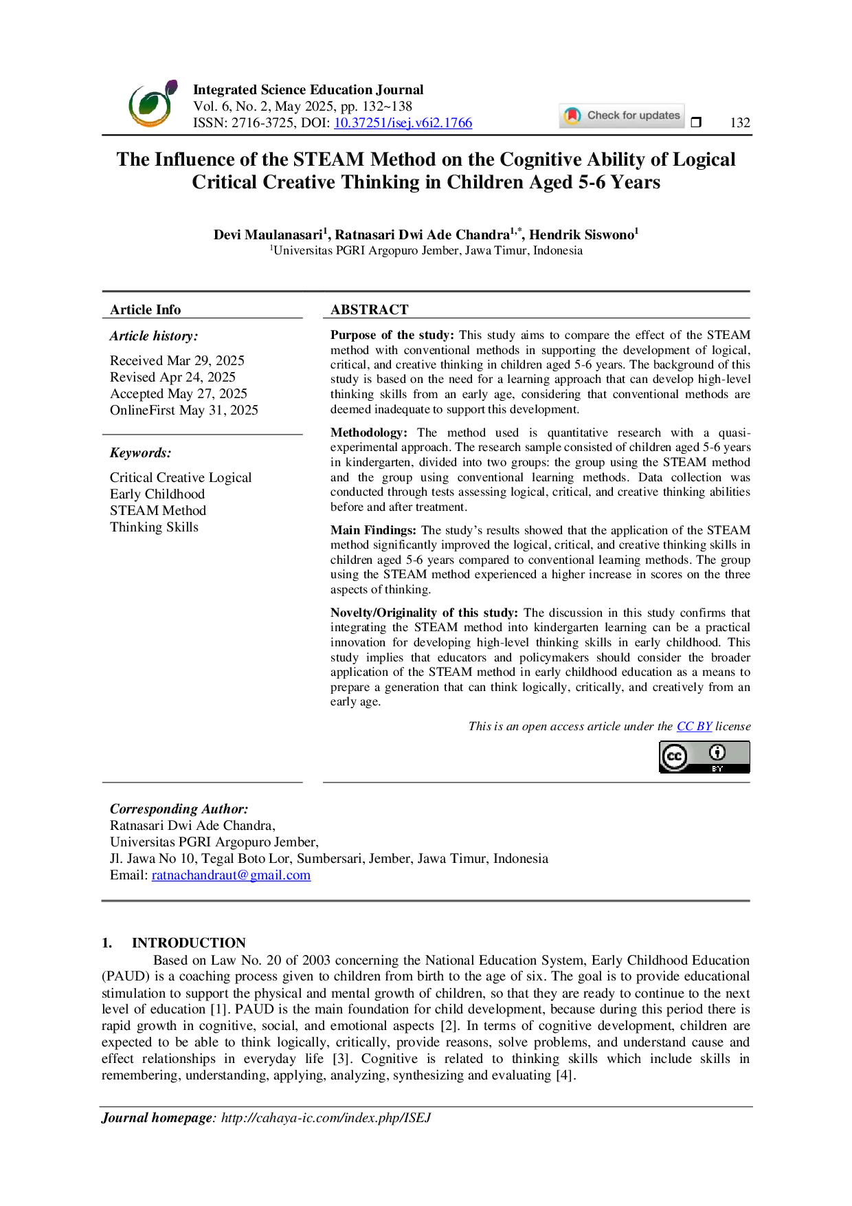 JURIS The Influence of the STEAM Method on the Cognitive Ability of Logical Critical Creative Thinking in Children Aged 5 6 Years