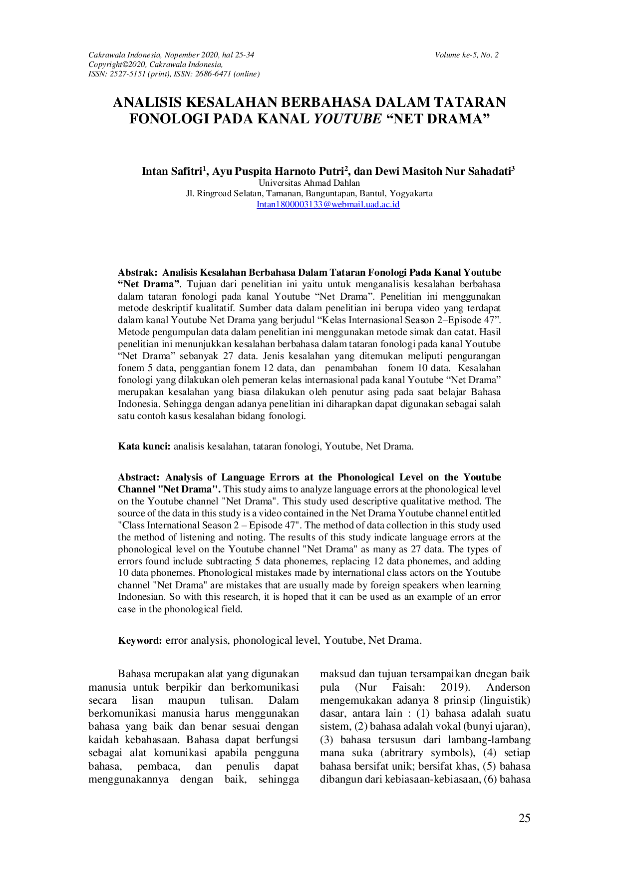 JURIS Analisis Kesalahan Berbahasa Dalam Tataran Fonologi Pada Kanal Youtube Net Drama