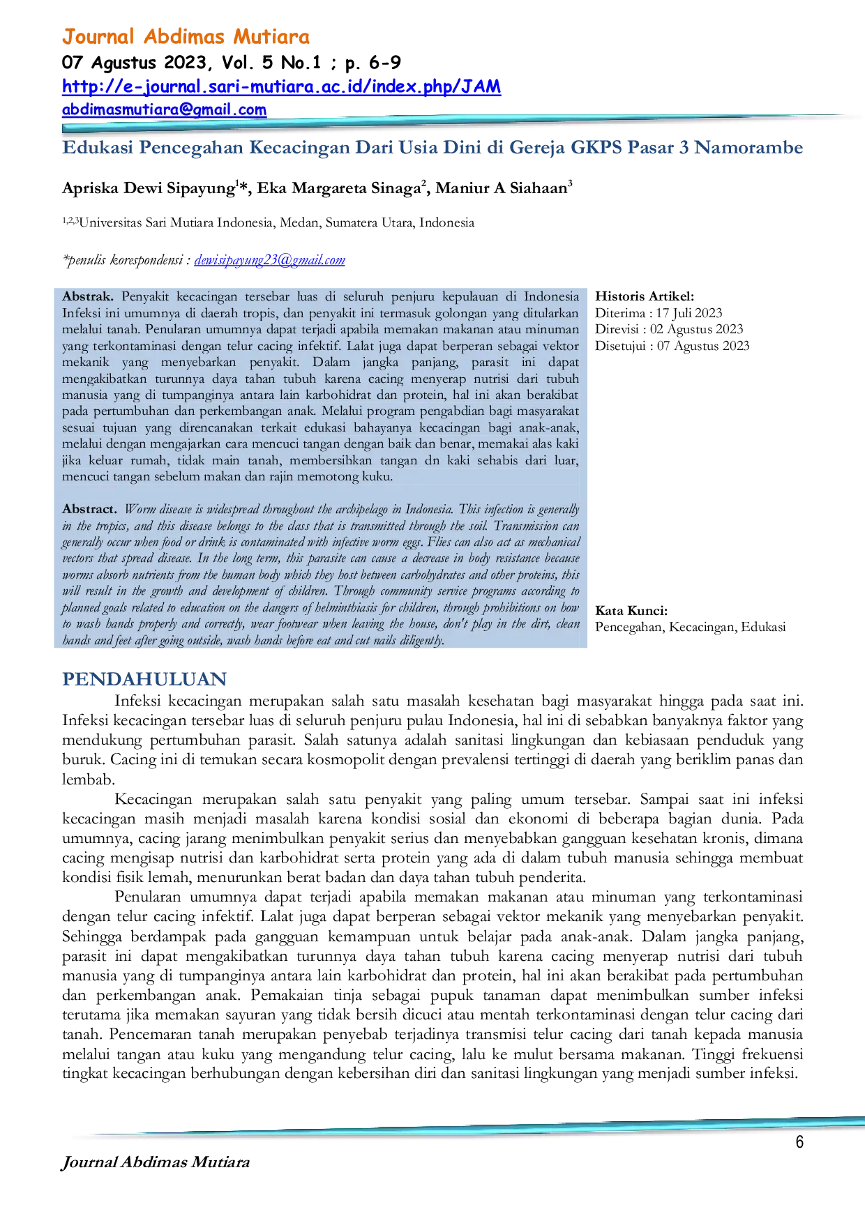 JURIS Edukasi Pencegahan Kecacingan Dari Usia Dini Di Gereja GKPS Pasar 3 Namorambe