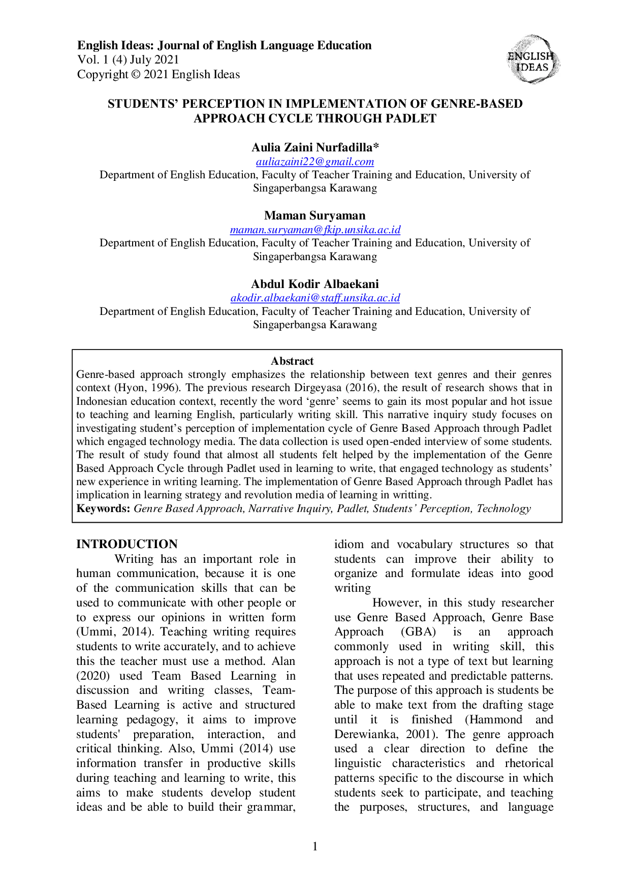 JURIS Students Perception in Implementation of Genre based Approach Cycle through Padlet