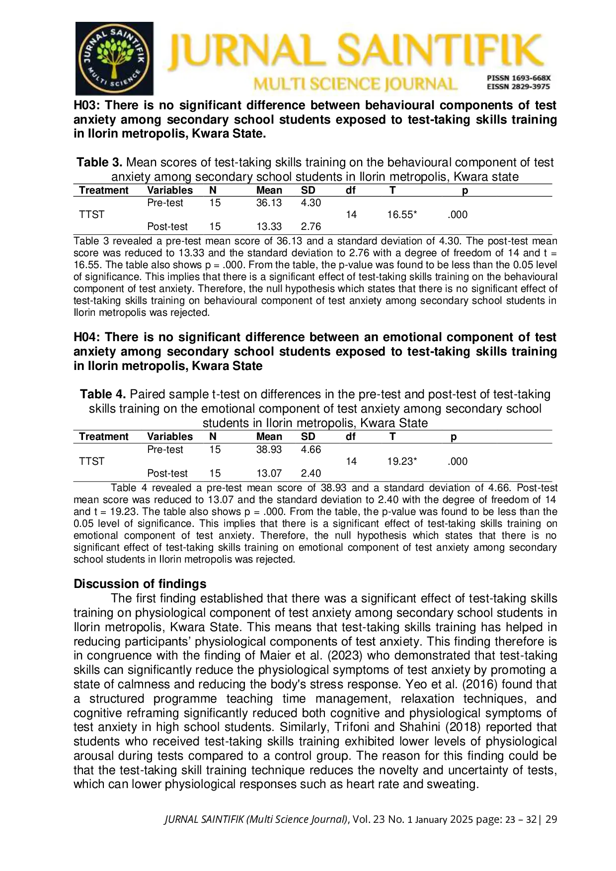 JURIS Effect of Test Taking Skills Training Counselling Technique on Test Anxiety Among Secondary School Students in Ilorin Metropolis Nigeria