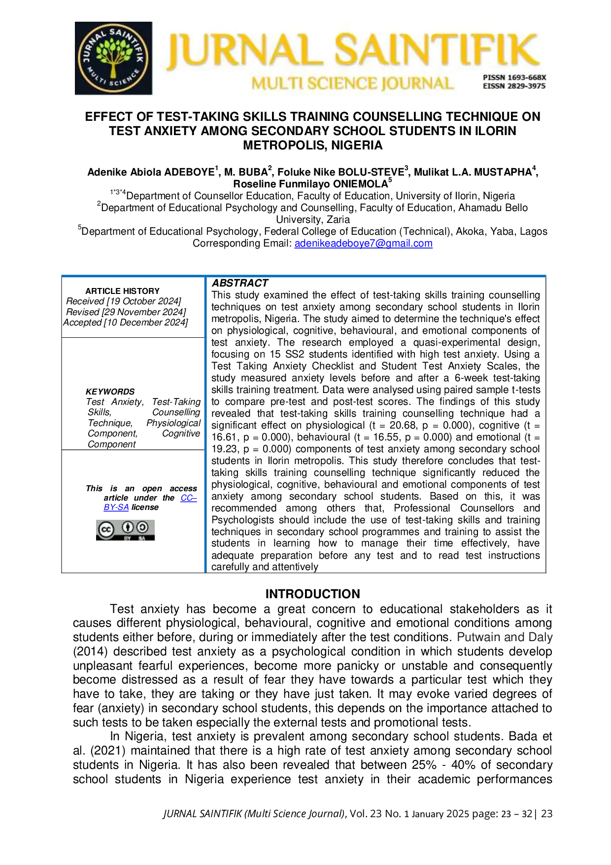 JURIS Effect of Test Taking Skills Training Counselling Technique on Test Anxiety Among Secondary School Students in Ilorin Metropolis Nigeria