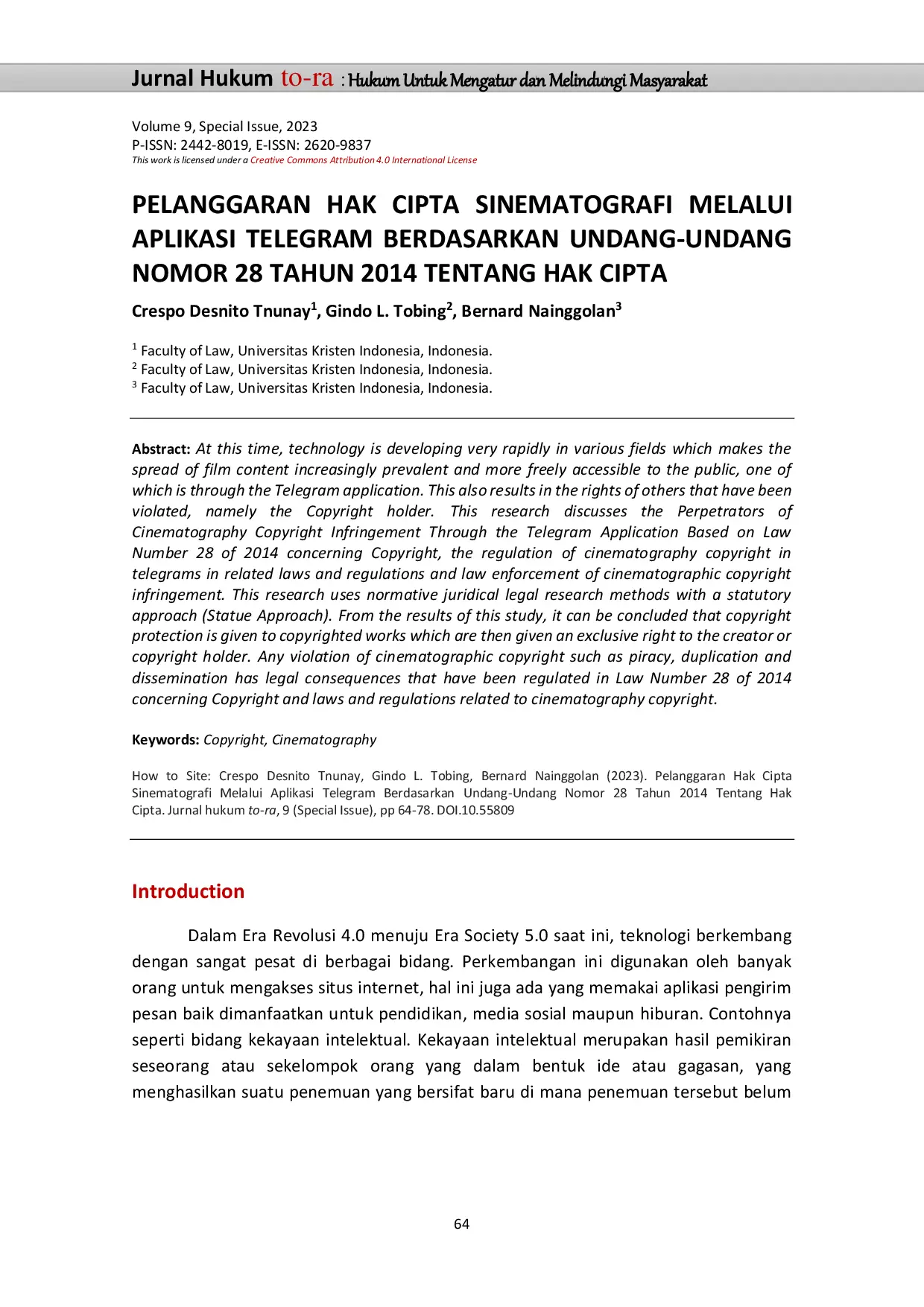 JURIS Pelanggaran Hak Cipta Sinematografi Melalui Aplikasi Telegram Berdasarkan Undang Undang Nomor 28 Tahun 2014 Tentang Hak Cipta
