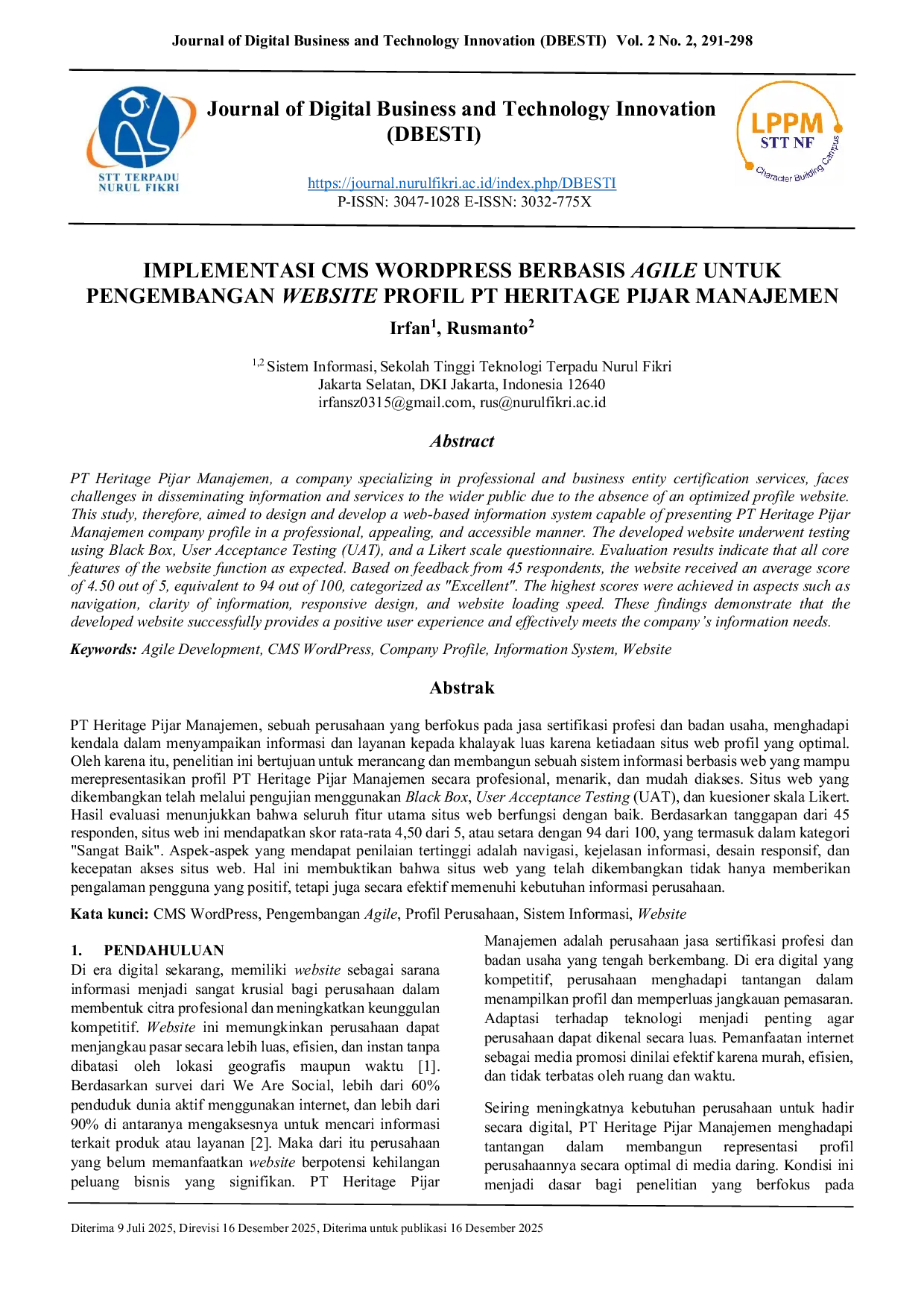 JURIS Implementasi CMS Wordpress Berbasis Agile untuk Pengembangan Website Profil PT Heritage Pijar Manajemen