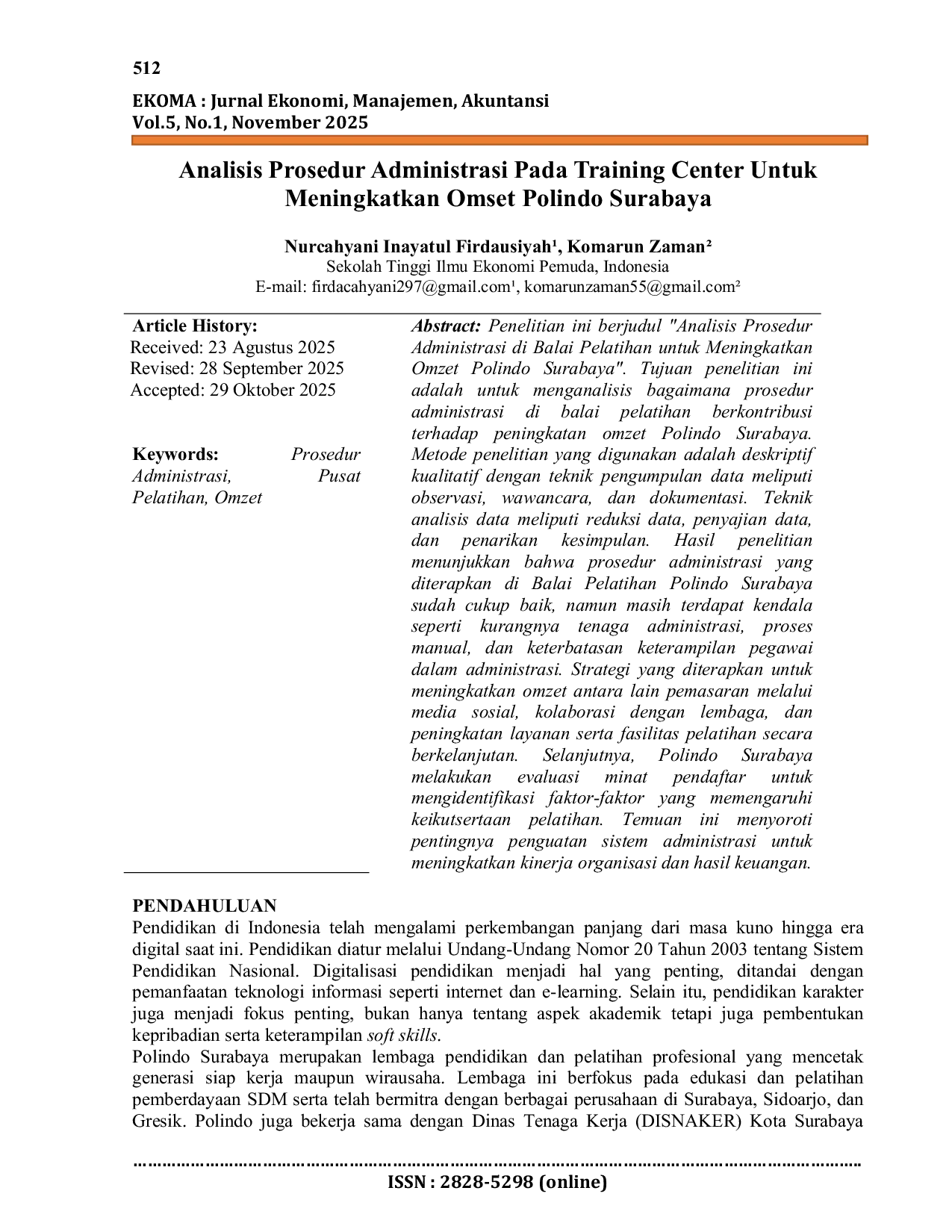 JURIS Analisis Prosedur Administrasi Pada Training Center Untuk Meningkatkan Omset Polindo Surabaya