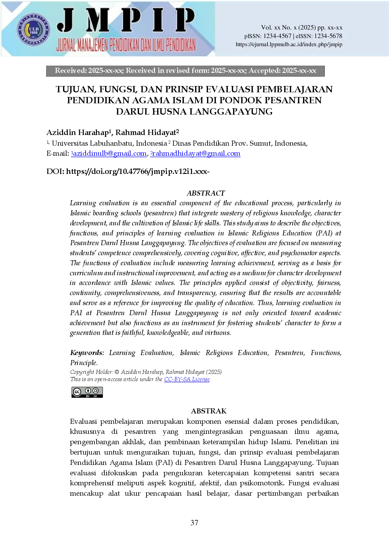 JURIS Tujuan Fungsi Dan Prinsip Evaluasi Pembelajaran Pendidikan Agama Islam Di Pondok Pesantren Darul Husna Langgapayung