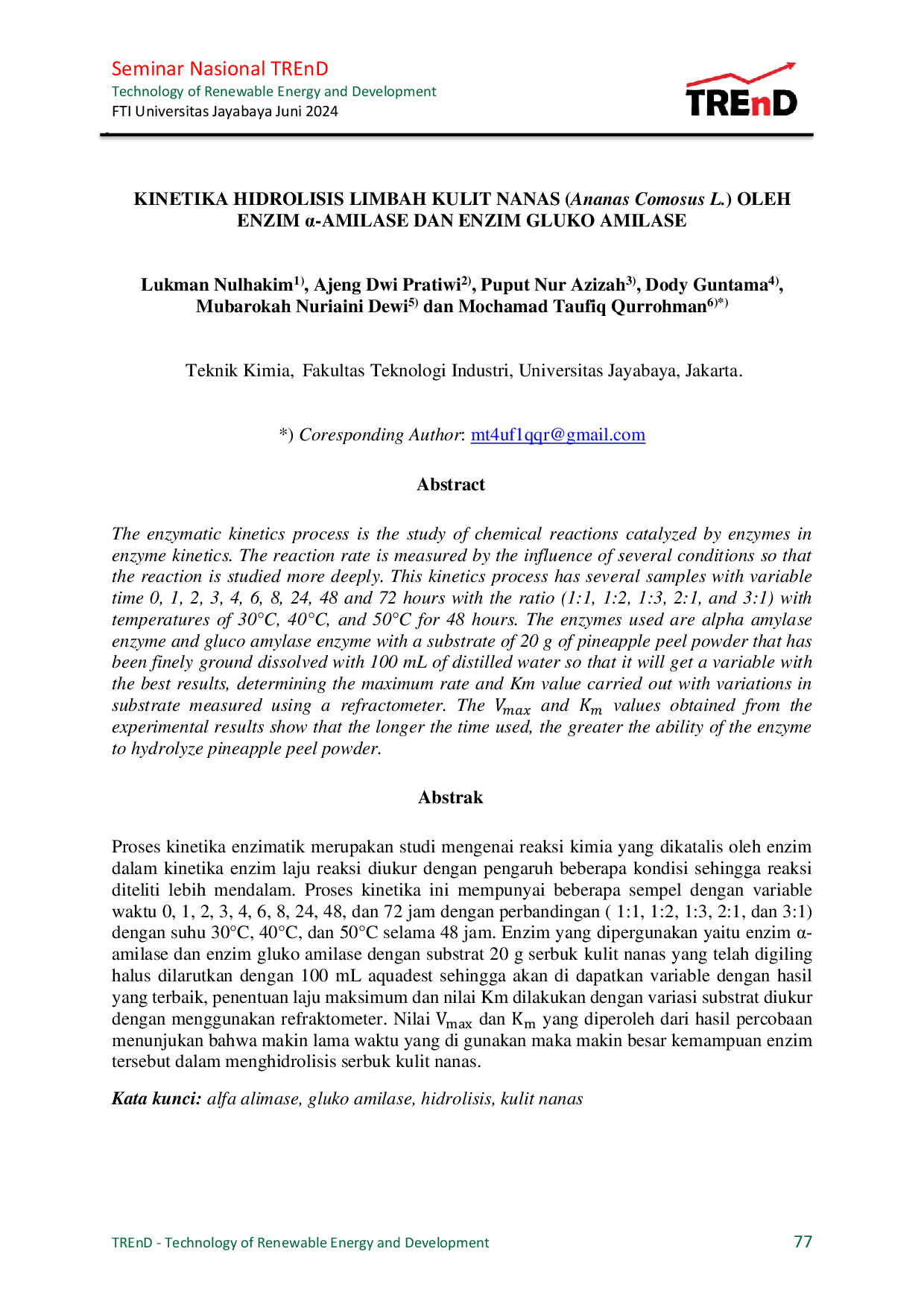 JURIS KINETIKA HIDROLISIS LIMBAH KULIT NANAS Ananas Comosus L OLEH ENZIM AMILASE DAN ENZIM GLUKO AMILASE