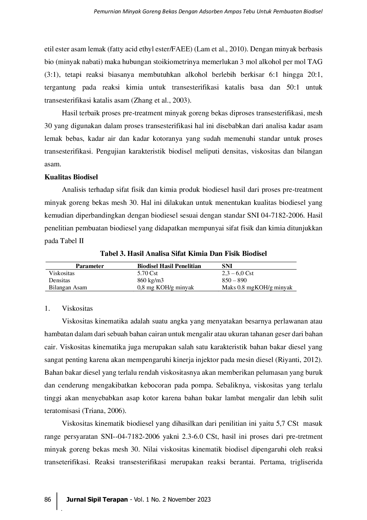 JURIS Pemurnian Minyak Goreng Bekas Dengan Adsorben Ampas Tebu Untuk Pembuatan Biodisel