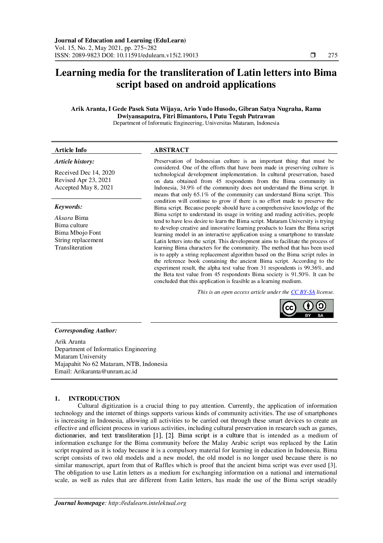 juris Learning media for the transliteration of Latin letters into Bima script based on android applications