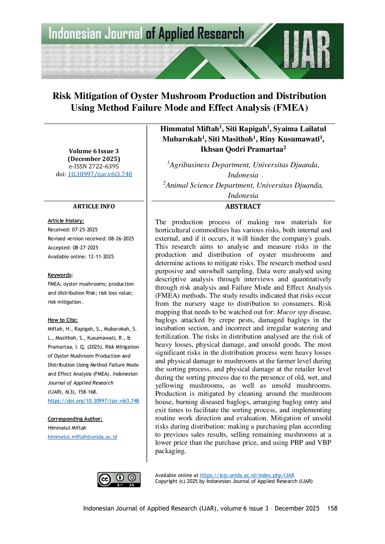 JURIS Risk Mitigation of Oyster Mushroom Production and Distribution Using Method Failure Mode and Effect Analysis FMEA