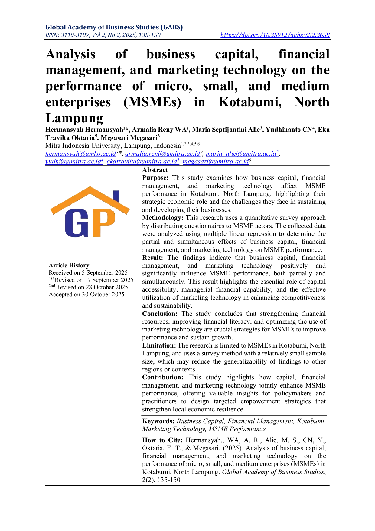 JURIS Analysis of business capital financial management and marketing technology on the performance of micro small and medium enterprises MSMEs in Kotabumi North Lampung