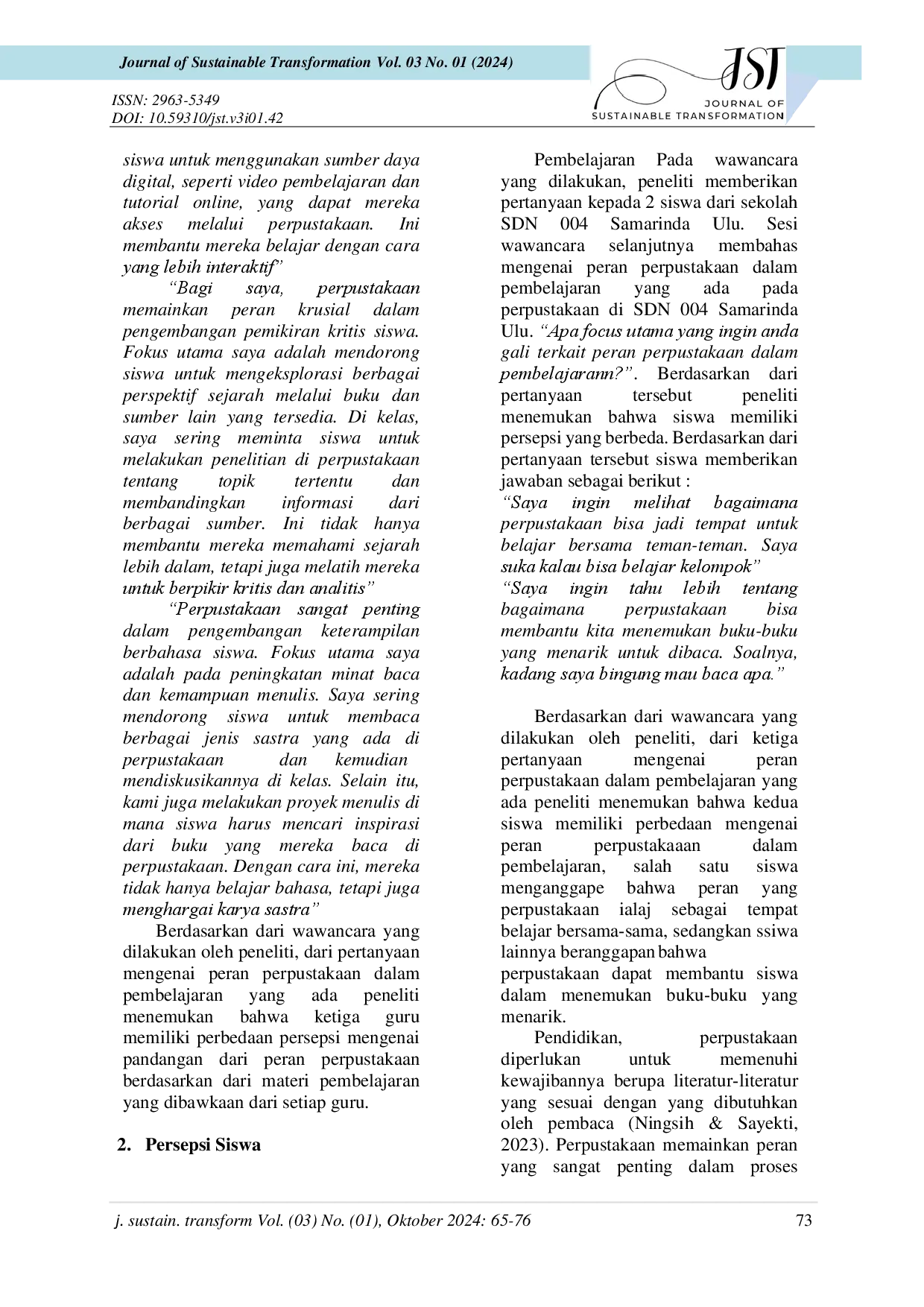 juris Persepsi Guru Dan Siswa Terhadap Kualitas Pelayanan Perpustakaan Di Sekolah Dasar Negeri 004 Samarinda Ulu