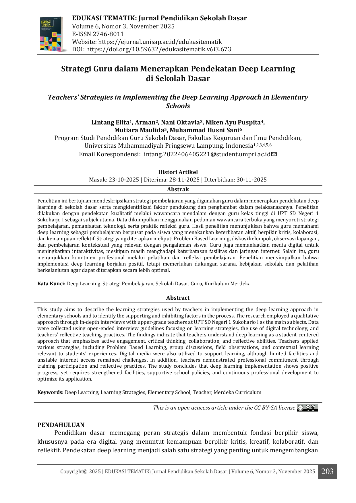 JURIS Strategi Guru dalam Menerapkan Pendekatan Deep Learning di Sekolah Dasar