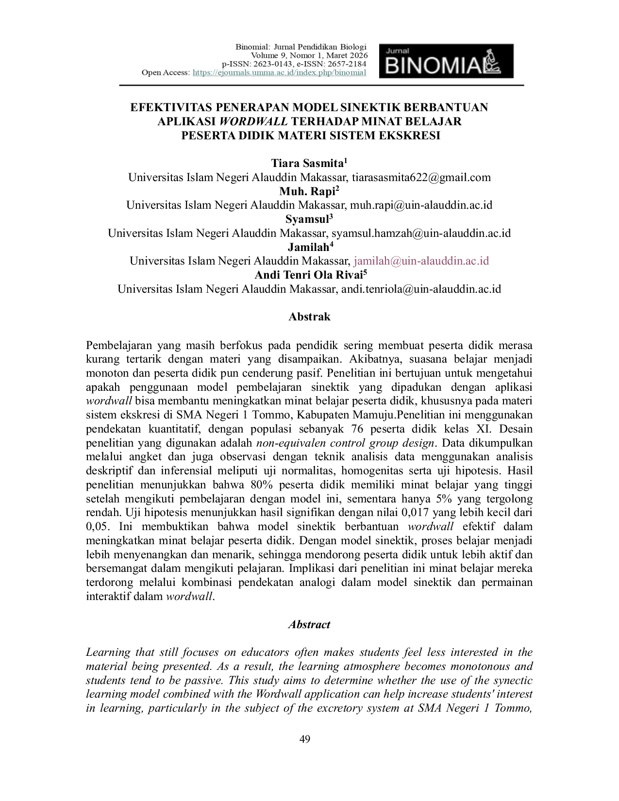 JURIS Efektivitas Penerapan Model Sinektik Berbantuan Aplikasi Wordwall Terhadap Minat Belajar Peserta Didik Materi Sistem Ekskresi