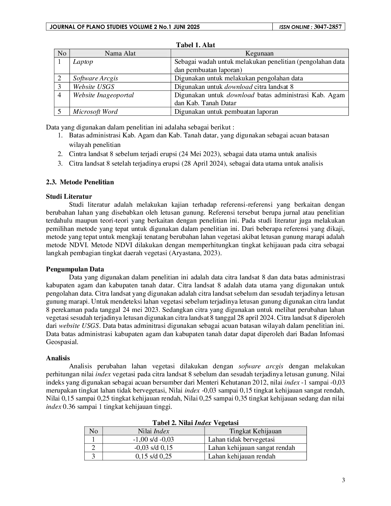 JURIS Analisis Perubahan Lahan Vegetasi di Sekitar Gunung Marapi Sebelum dan Sesudah Terjadinya Letusan Gunung Marapi Menggunakan Metode NDVI Studi Kasus Kabupaten Agam dan Kabupaten Tanah Datar