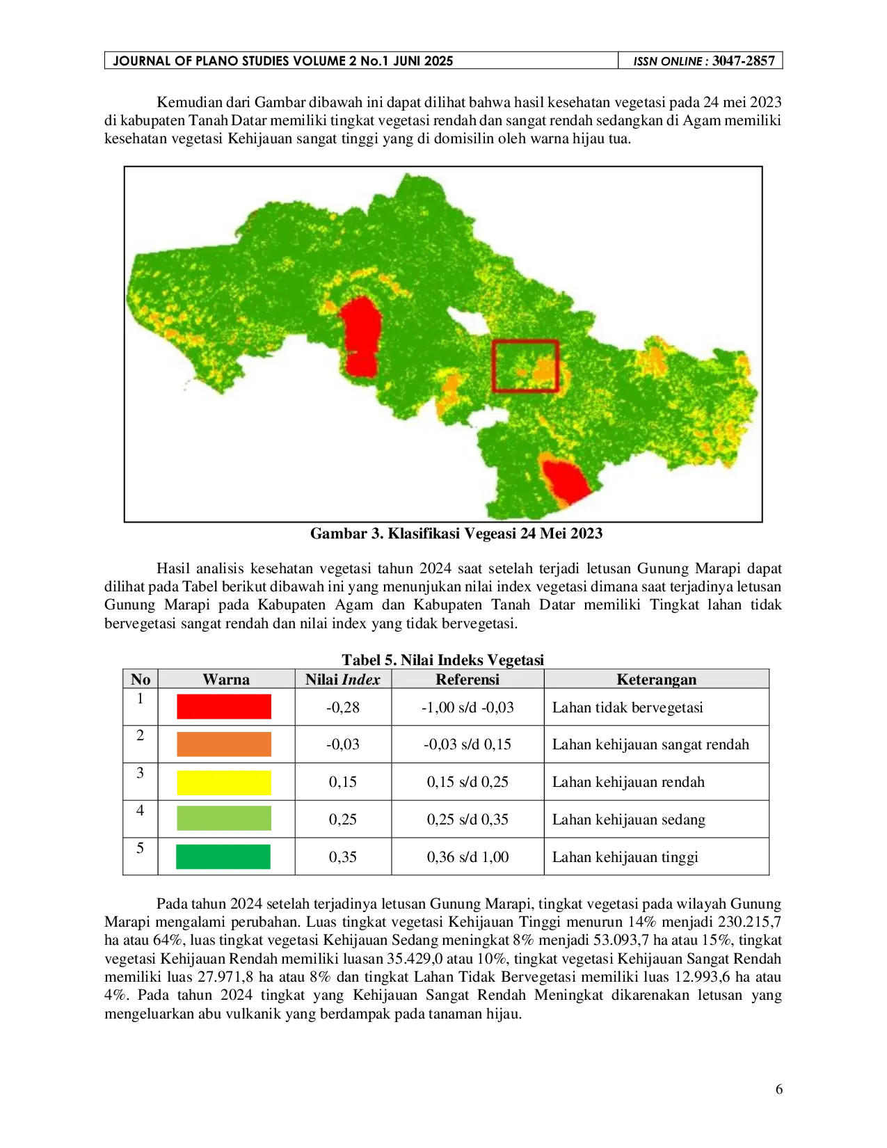 JURIS Analisis Perubahan Lahan Vegetasi di Sekitar Gunung Marapi Sebelum dan Sesudah Terjadinya Letusan Gunung Marapi Menggunakan Metode NDVI Studi Kasus Kabupaten Agam dan Kabupaten Tanah Datar