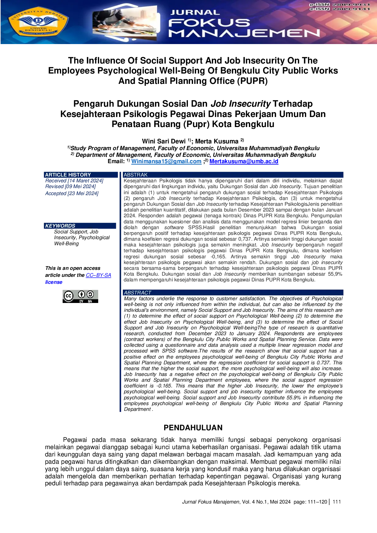 JURIS Pengaruh Dukungan Sosial Dan Job Insecurity Terhadap Kesejahteraan Psikologis Pegawai Dinas Pekerjaan Umum Dan Penataan Ruang Pupr Kota Bengkulu