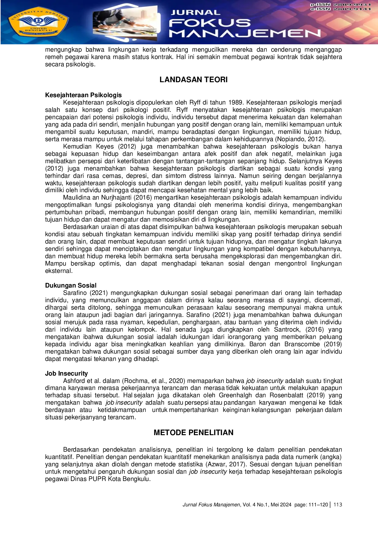 JURIS Pengaruh Dukungan Sosial Dan Job Insecurity Terhadap Kesejahteraan Psikologis Pegawai Dinas Pekerjaan Umum Dan Penataan Ruang Pupr Kota Bengkulu