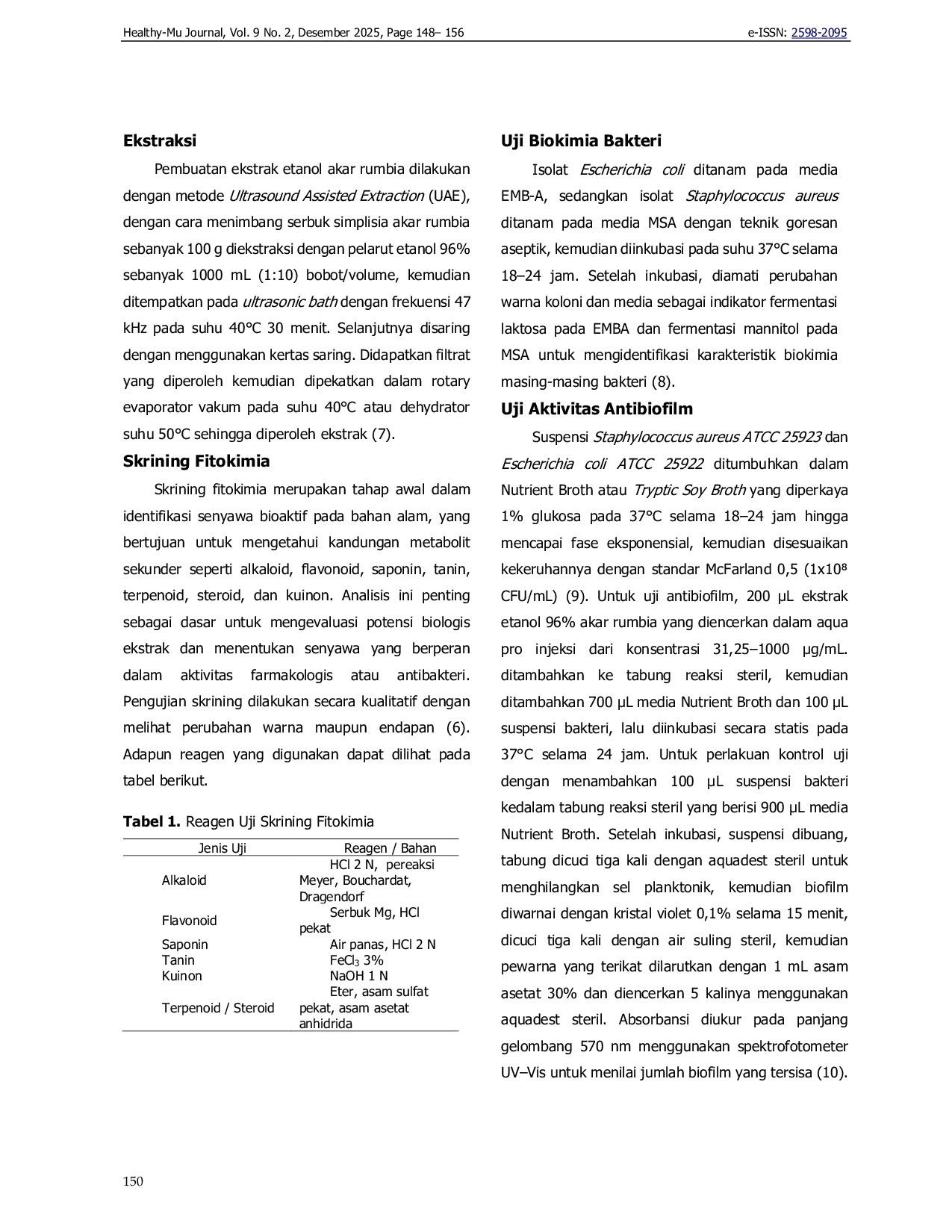 JURIS Aktivitas Antibiofilm Ekstrak Etanol 96 Akar Rumbia Metroxylon sagu Rottb dengan Metode Ultrasound Assisted Extraction terhadap Staphylococcus aureus dan Escherichia coli
