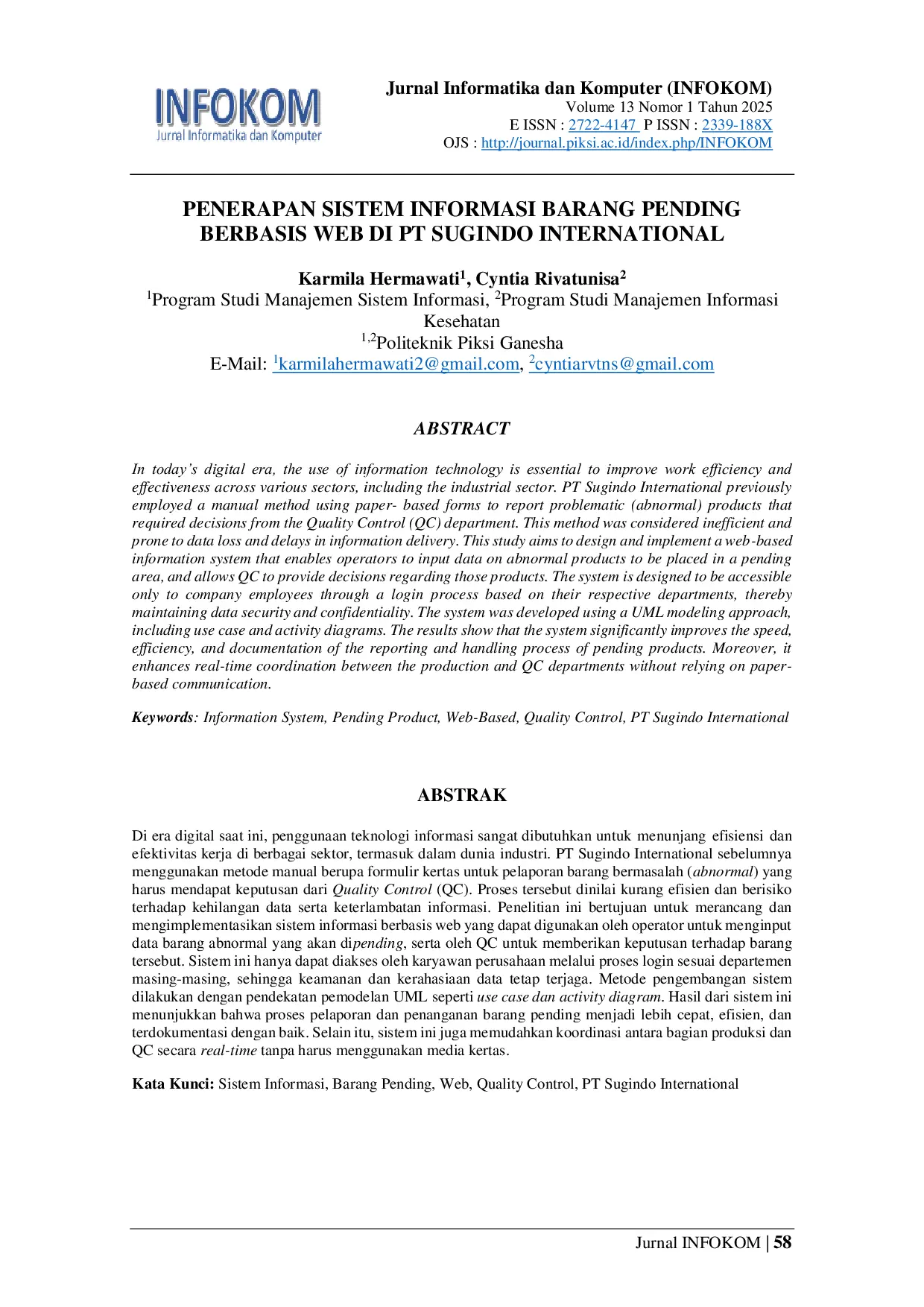 JURIS Application of Web Based Information System for Pending Goods at PT Sugindo International