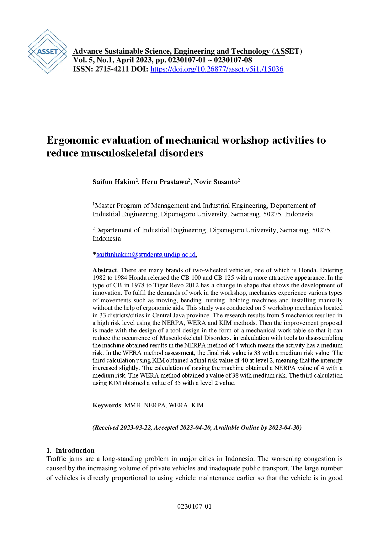 juris Ergonomic Evaluation of Mechanical Workshop Activities to Reduce Musculoskeletal Disorders