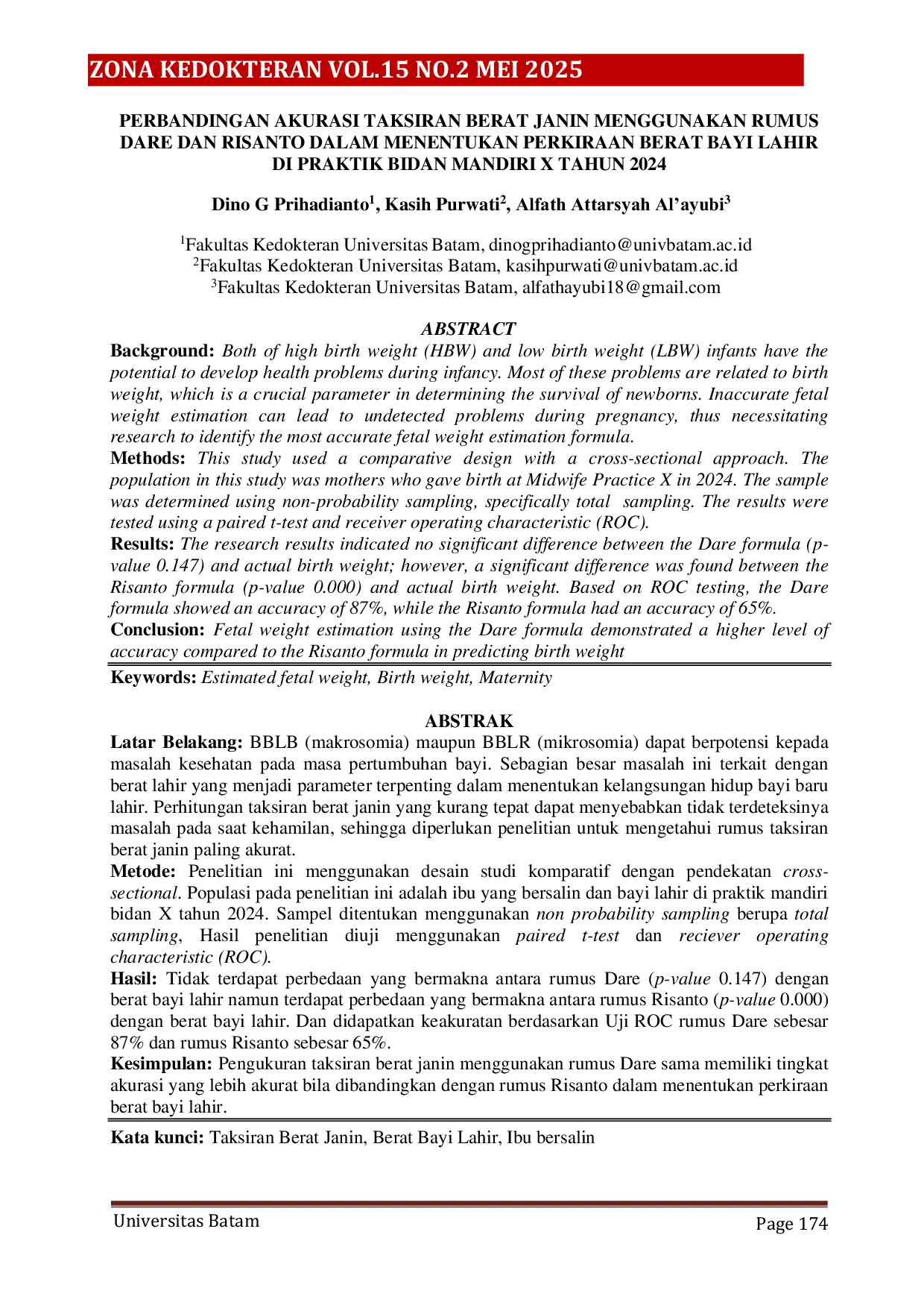 JURIS Perbandingan Akurasi Taksiran Berat Janin Menggunakan Rumus Dare Dan Risanto Dalam Menentukan Perkiraan Berat Bayi Lahir Di Praktik Bidan Mandiri X Tahun 2024
