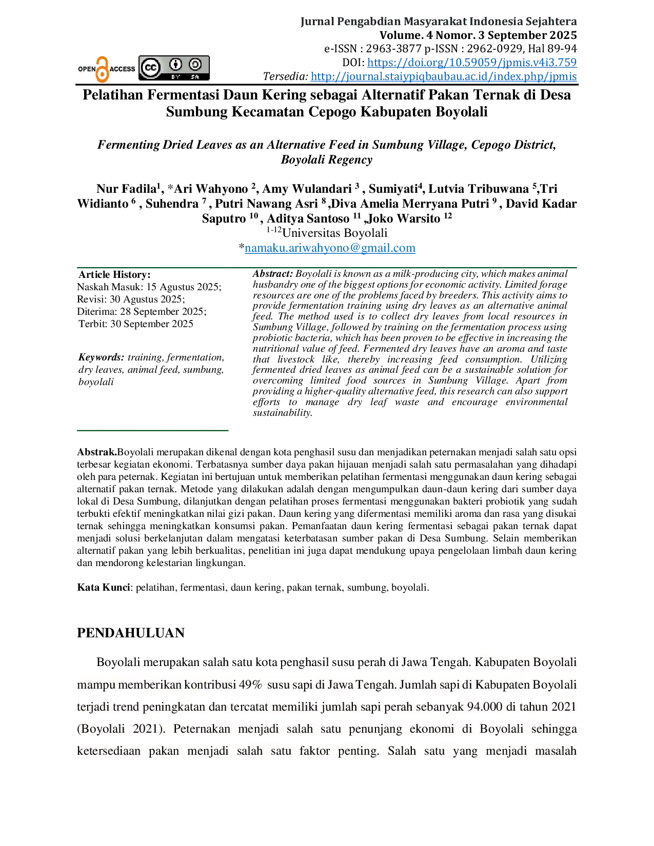 JURIS Pelatihan Fermentasi Daun Kering sebagai Alternatif Pakan Ternak di Desa Sumbung Kecamatan Cepogo Kabupaten Boyolali