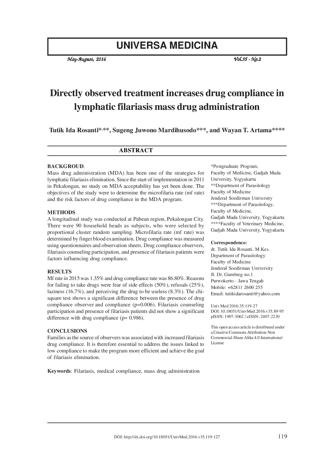 juris Directly observed treatment increases drug compliance in lymphatic filariasis mass drug administration