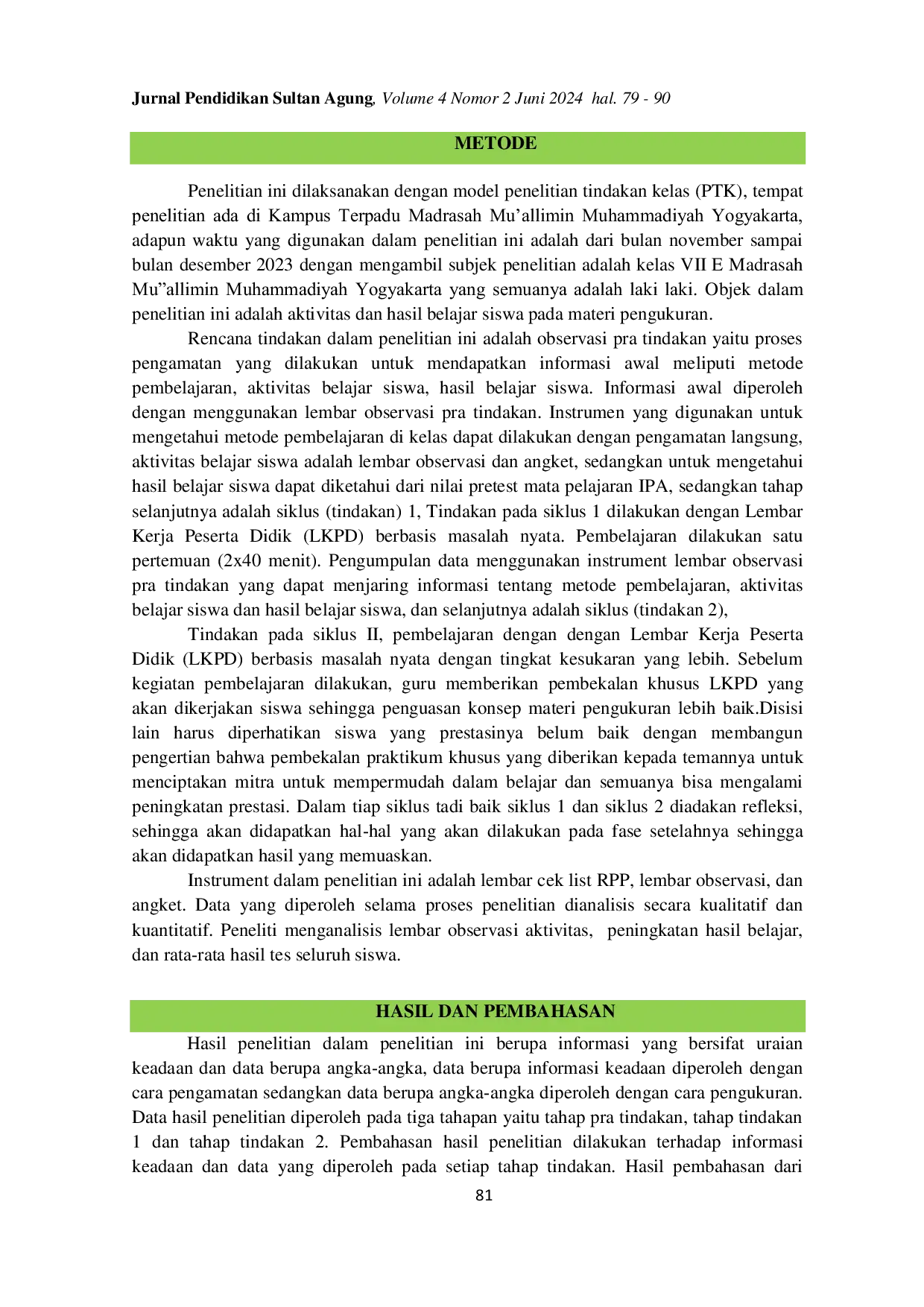 JURIS Peningkatan Aktivitas dan Hasil Belajar Siswa MTs Mu Allimin Muhammadiyah Yogyakarta Menggunakan LKPD