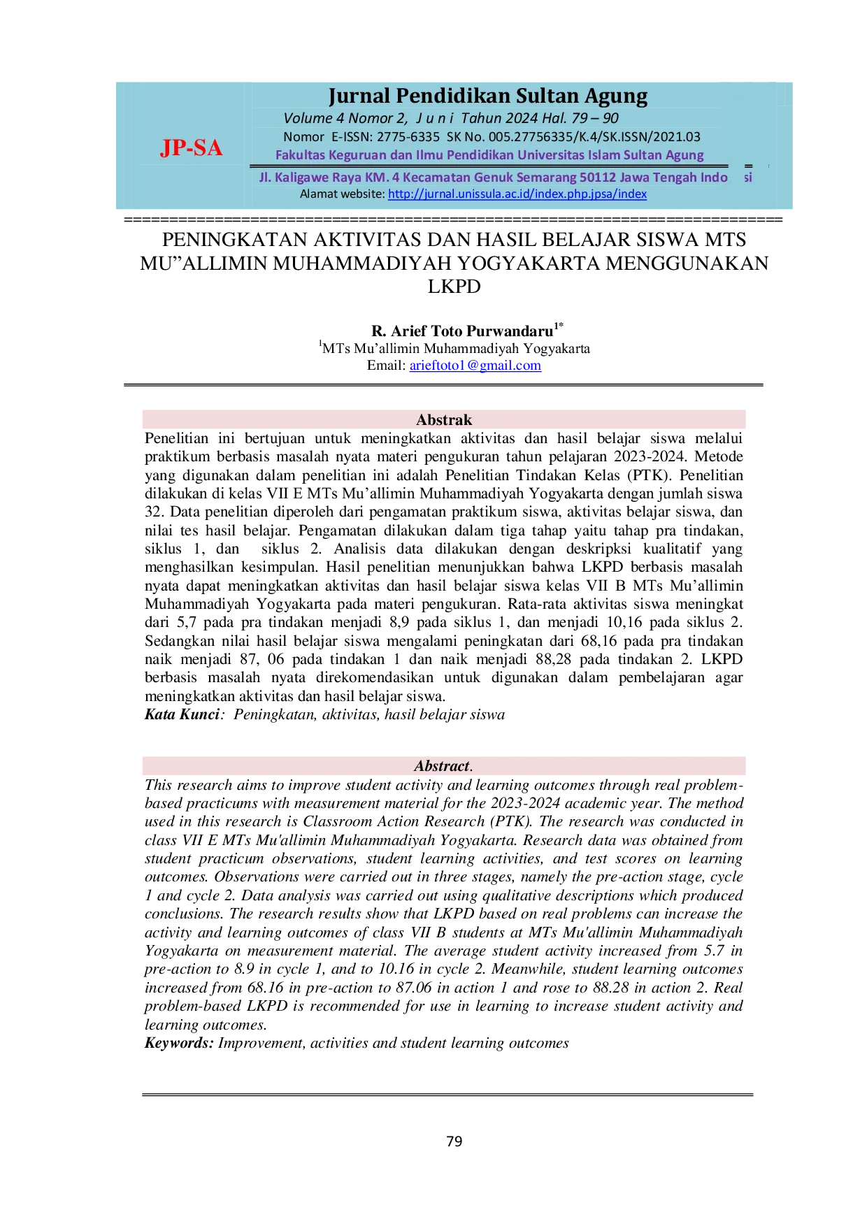 JURIS Peningkatan Aktivitas dan Hasil Belajar Siswa MTs Mu Allimin Muhammadiyah Yogyakarta Menggunakan LKPD