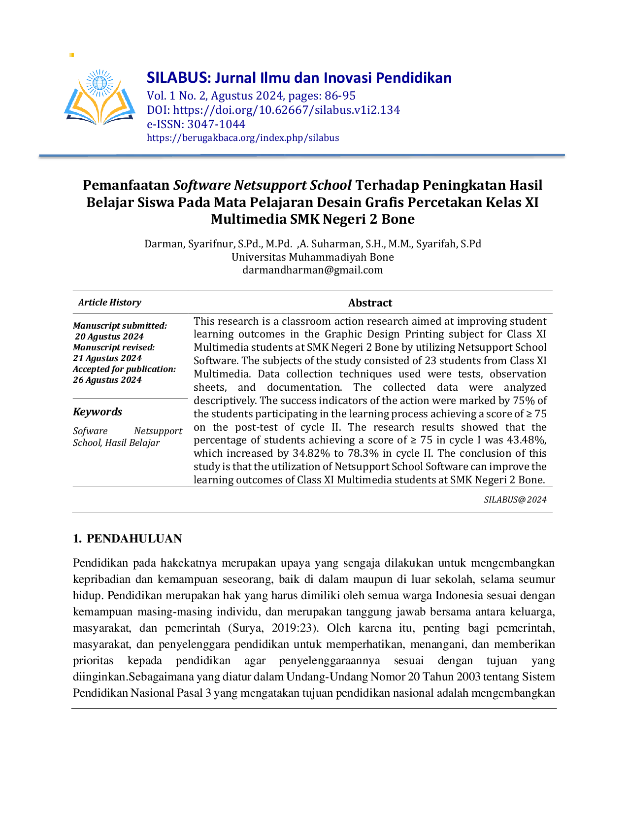 JURIS Pemanfaatan Software Netsupport School Terhadap Peningkatan Hasil Belajar Siswa Pada Mata Pelajaran Desain Grafis Percetakan Kelas XI Multimedia Smk Negeri 2 Bone