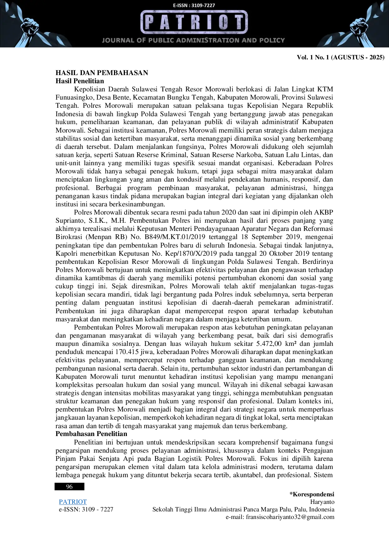 JURIS Fungsi Pengarsipan Dalam Pelayanan Administrasi Pengajuan Pinjam Pakai Senjata Api Pada Bagian Logistik Kantor Kepolisian Resor Morowali