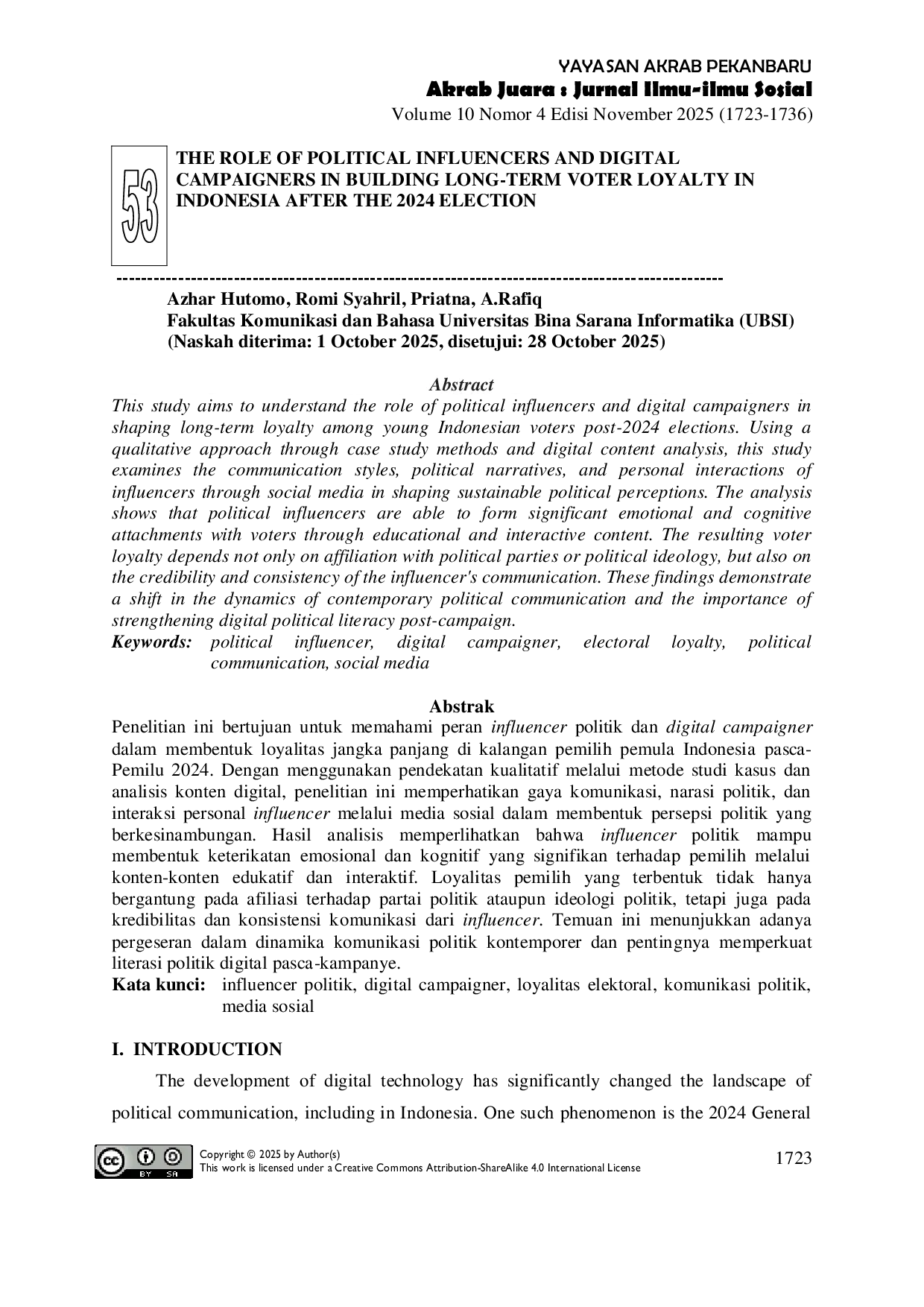 JURIS Peran Influencer Politik Dan Digital Campaigner Dalam Membentuk Loyalitas Jangka Panjang Di Kalangan Pemilih Pemula Indonesia Pasca Pemilu 2024