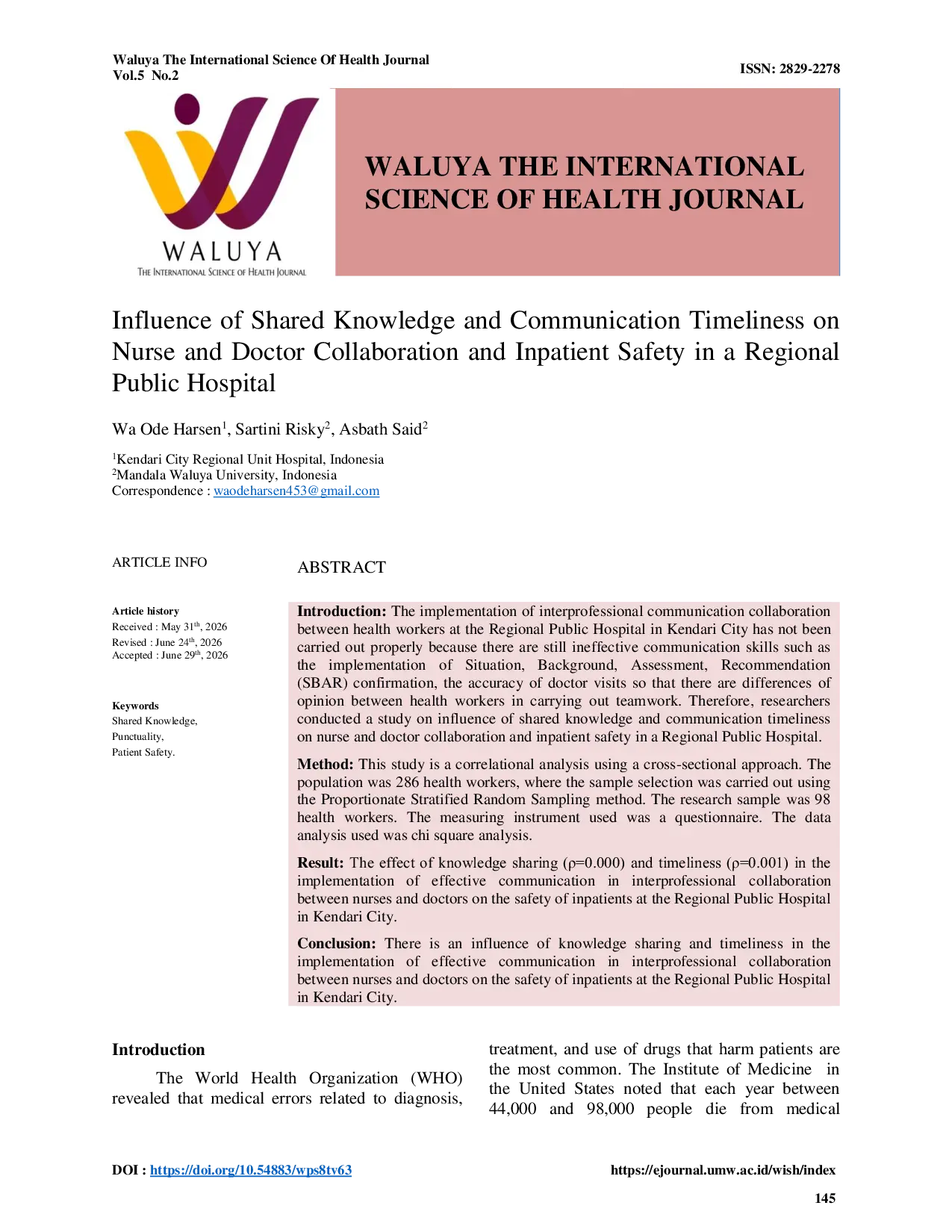 JURIS Influence of Shared Knowledge and Communication Timeliness on Nurse and Doctor Collaboration and Inpatient Safety in a Regional Public Hospital