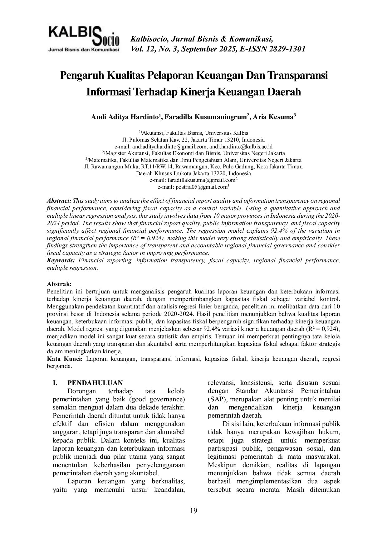 JURIS Pengaruh Kualitas Pelaporan Keuangan Dan Transparansi Informasi Terhadap Kinerja Keuangan Daerah