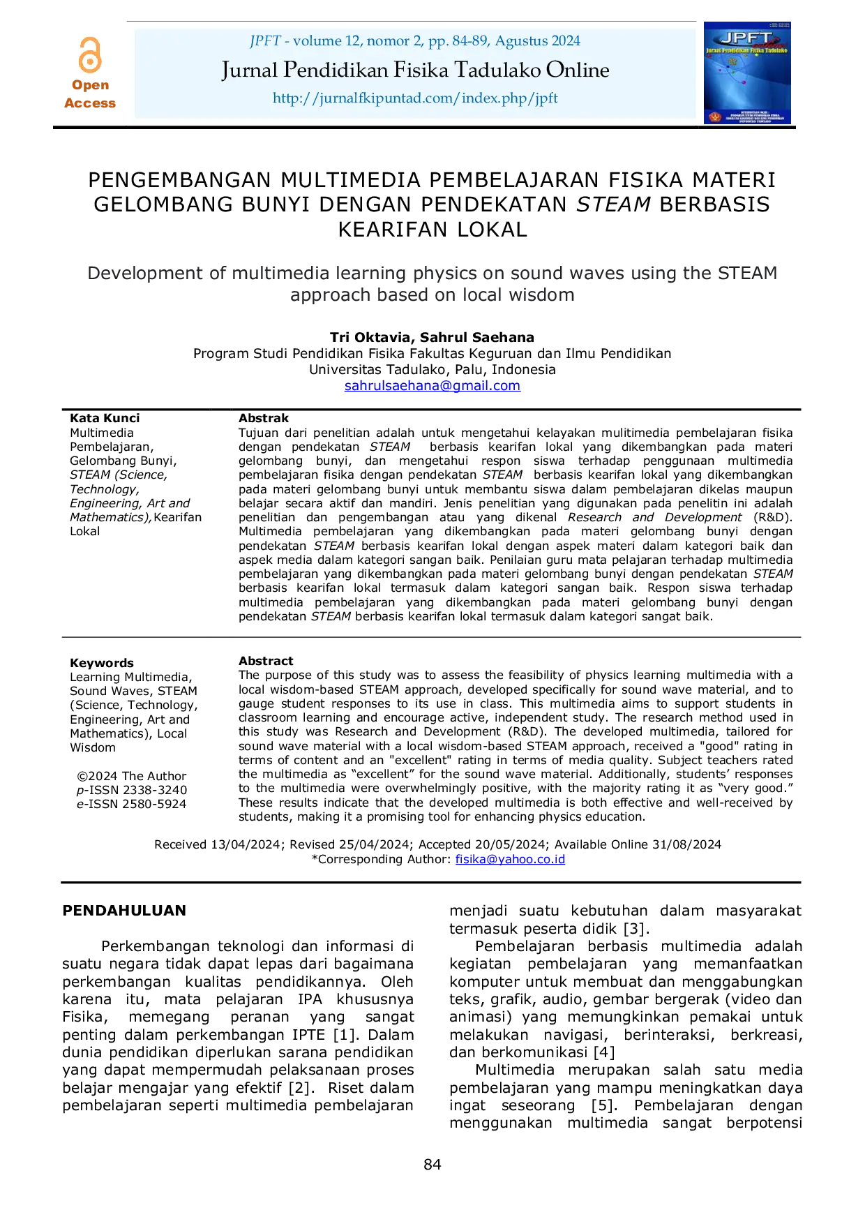 JURIS Pengembangan Multimedia Pembelajaran Fisika Materi Gelombang Bunyi Dengan Pendekatan STEAM Berbasis Kearifan Lokal